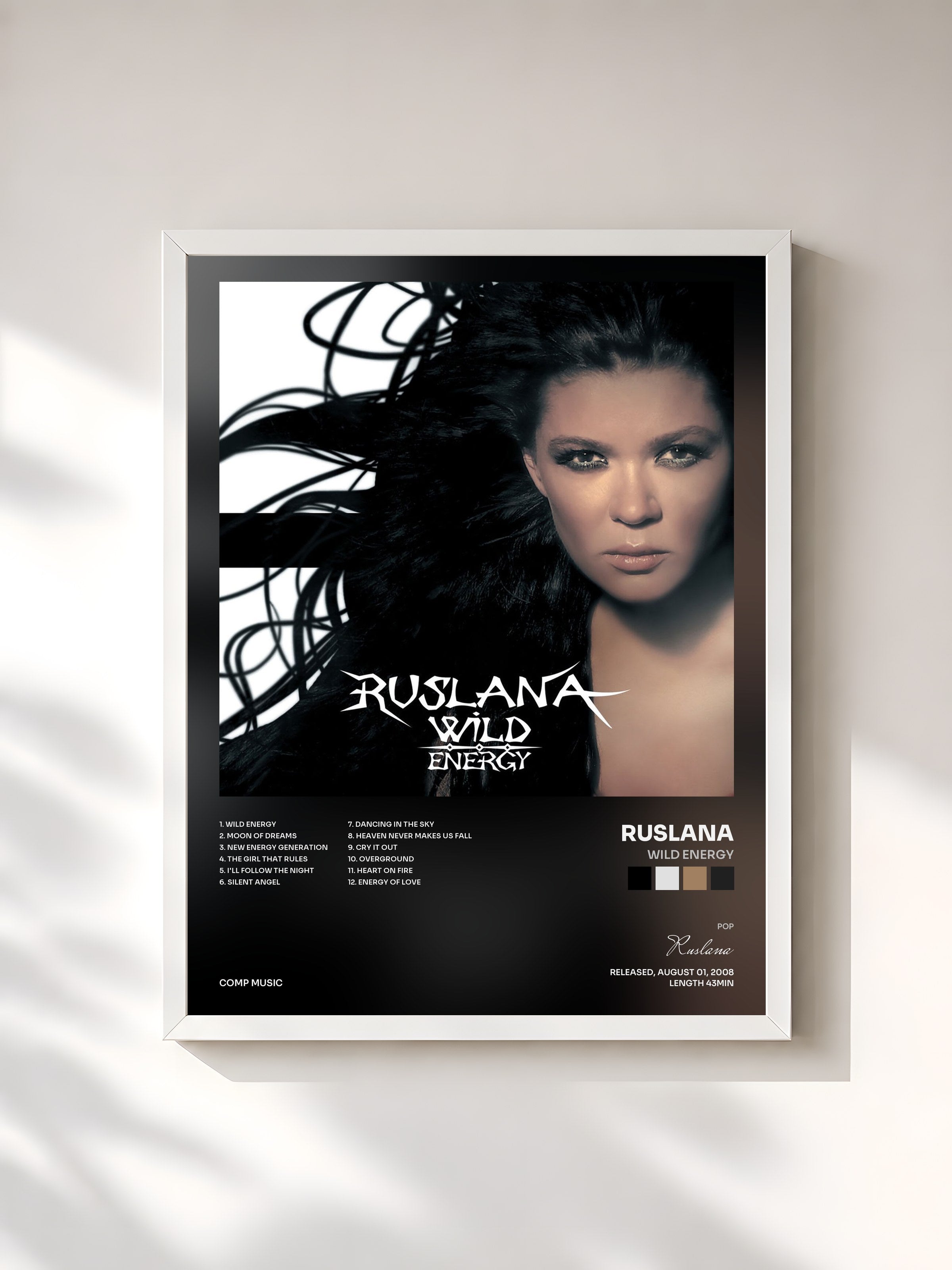 #blanc Tableau de l'album Wild Energy de Ruslana, cadre blanc, imprimé et encadré en France