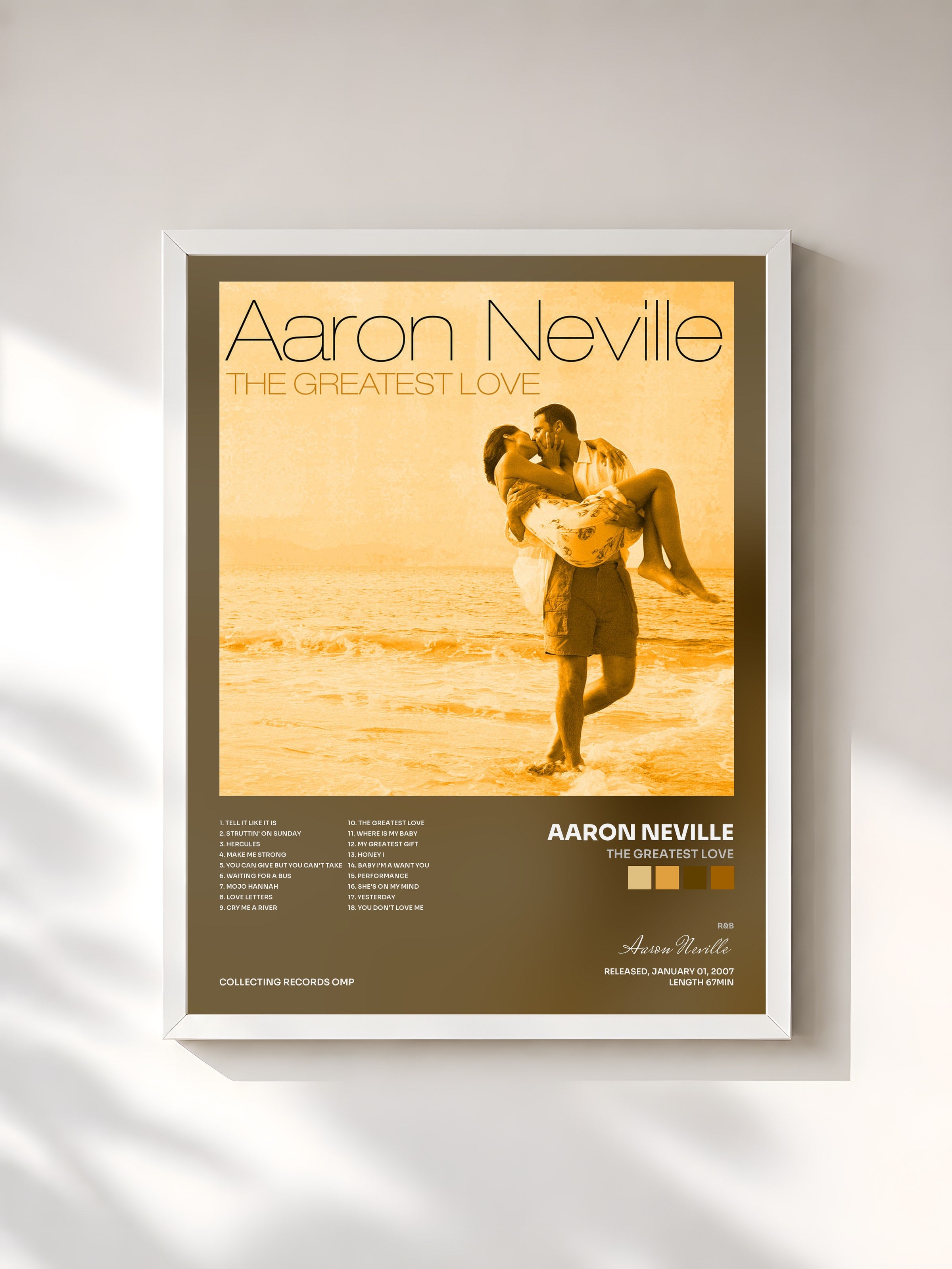 #blanc Tableau de l'album The Greatest Love de Aaron Neville, cadre blanc, imprimé et encadré en France