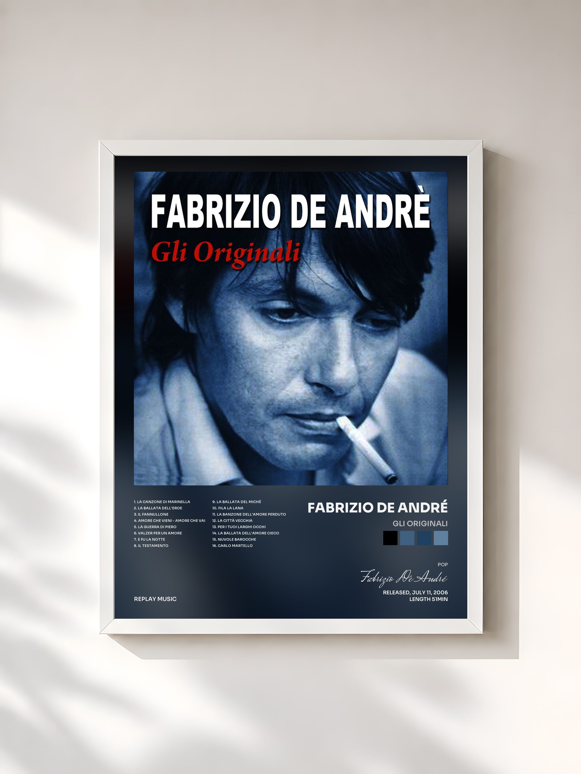 #blanc Tableau de l'album Gli originali de Fabrizio De André, cadre blanc, imprimé et encadré en France