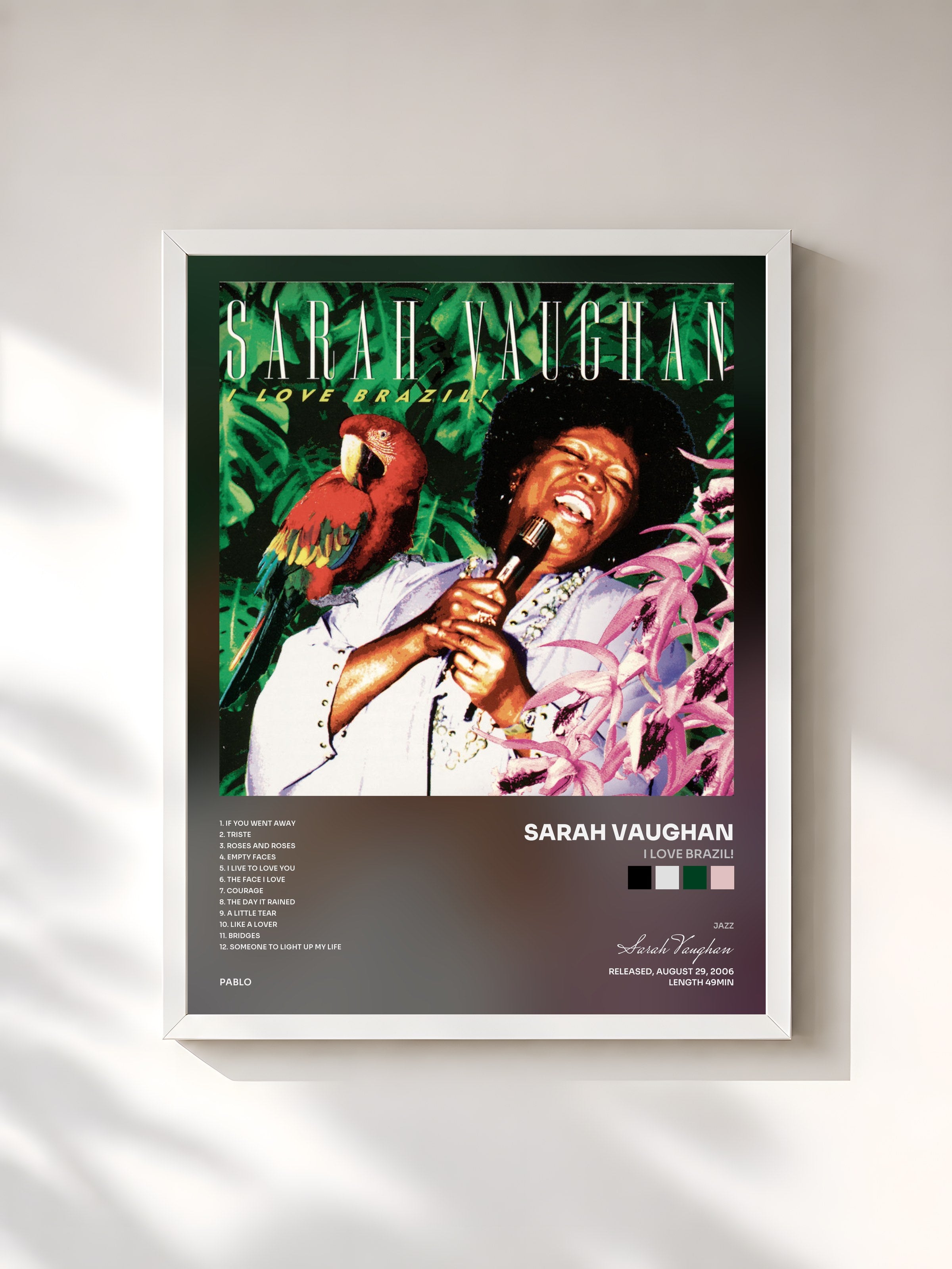 #blanc Tableau de l'album I Love Brazil! de Sarah Vaughan, cadre blanc, imprimé et encadré en France