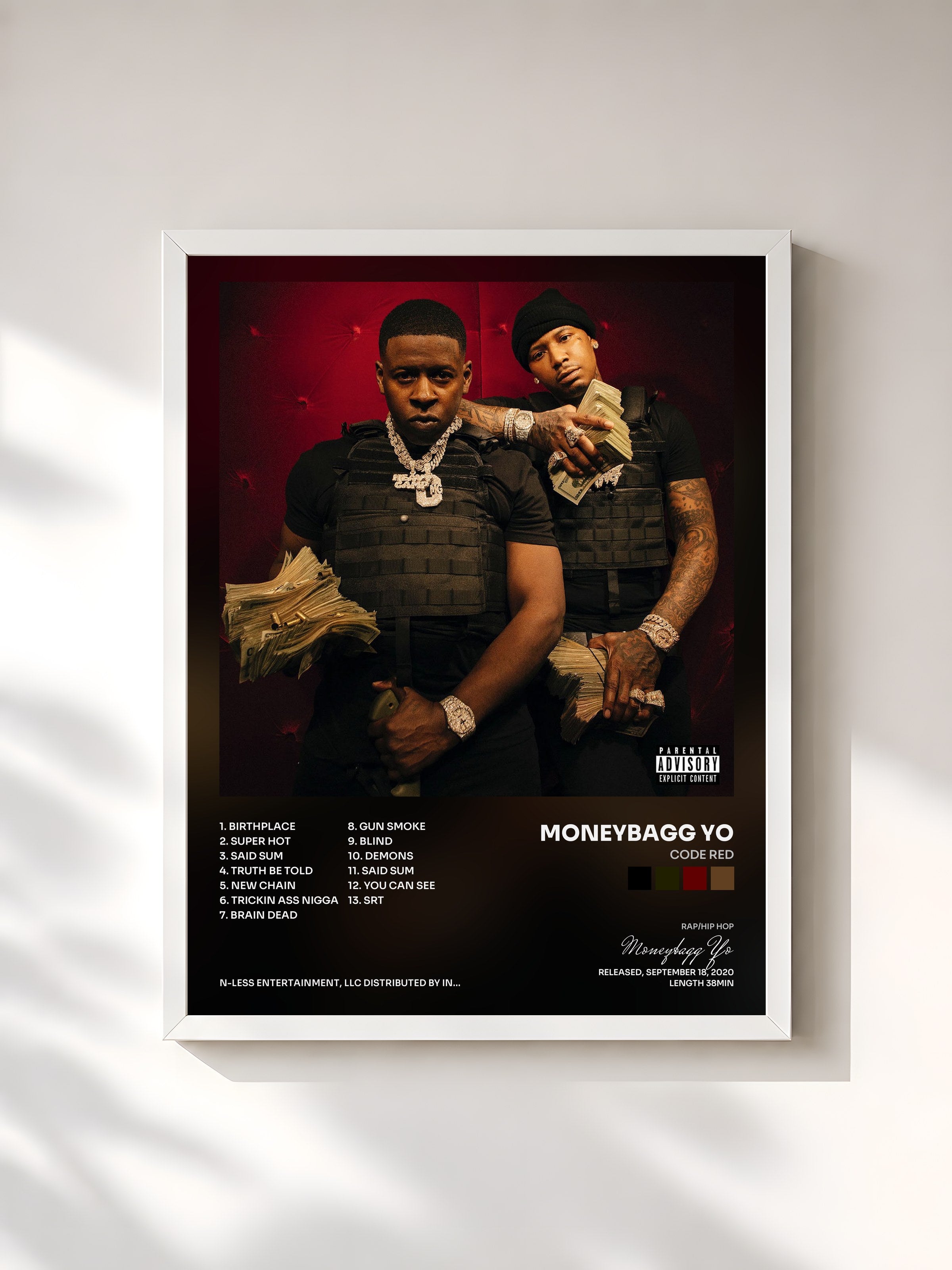 #blanc Tableau de l'album Code Red de Moneybagg Yo, cadre blanc, imprimé et encadré en France
