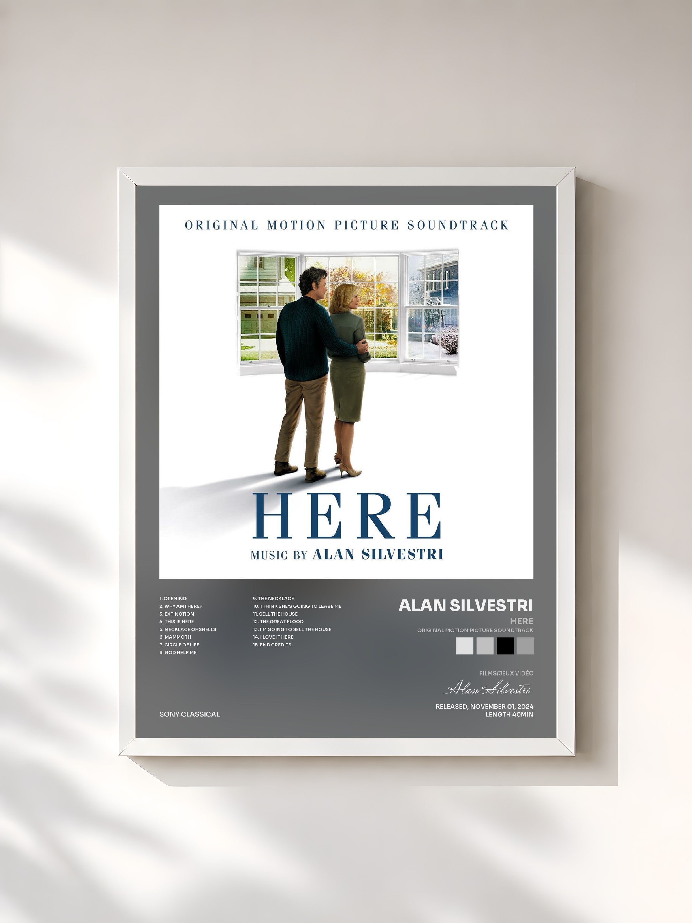 #blanc Tableau de l'album Here (Original Motion Picture Soundtrack) de Alan Silvestri, cadre blanc, imprimé et encadré en France