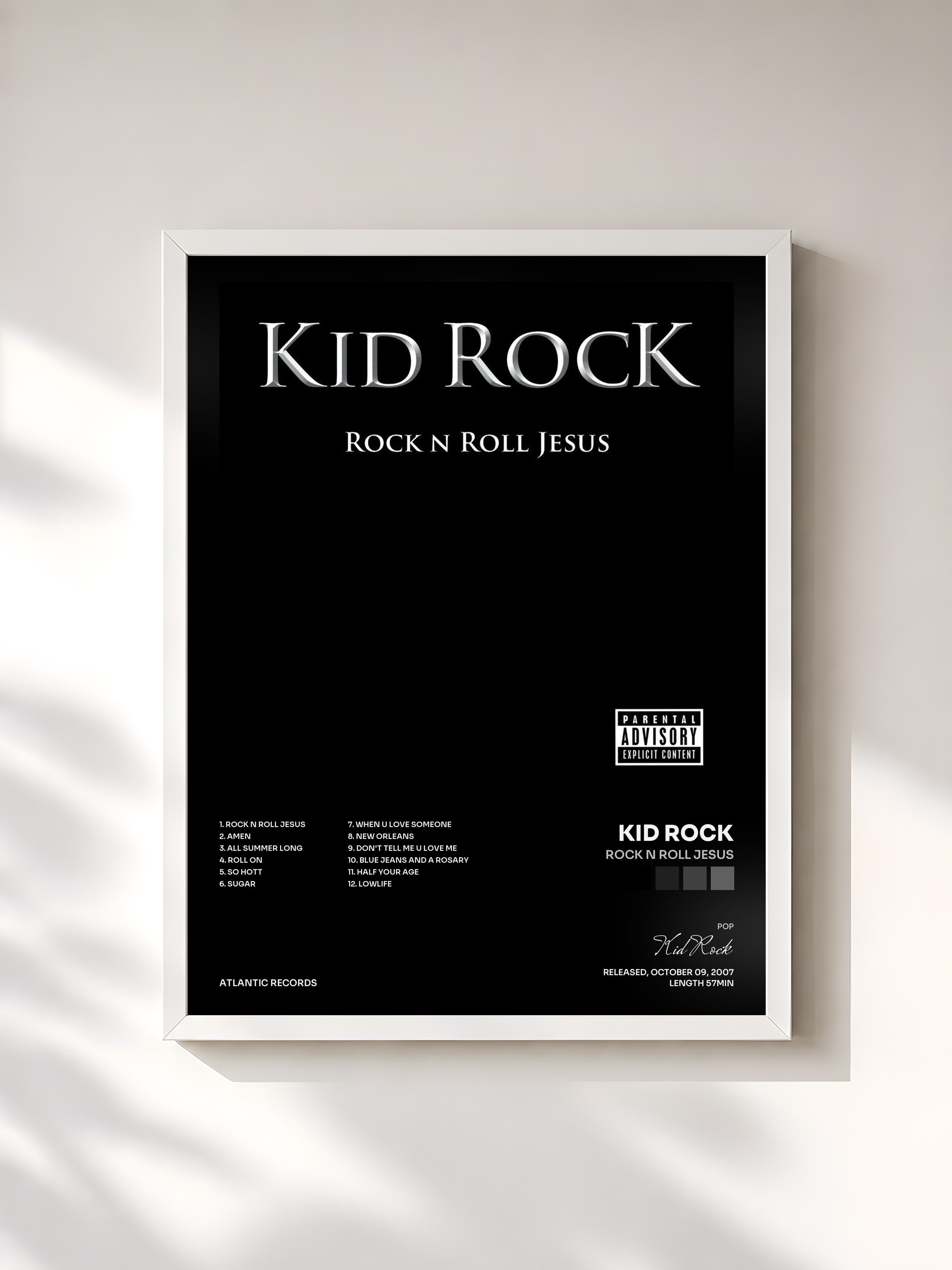 #blanc Tableau de l'album Rock n Roll Jesus de Kid Rock, cadre blanc, imprimé et encadré en France