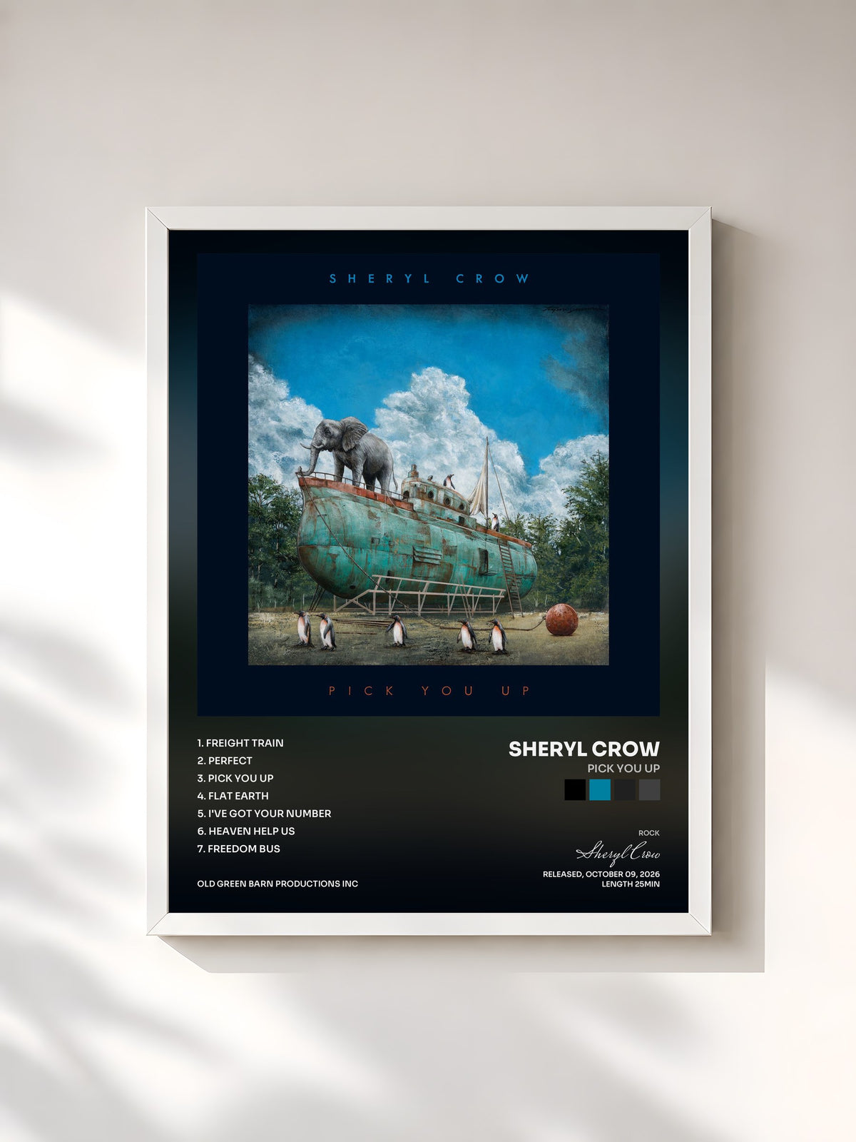 #blanc Tableau de l'album Pick You Up de Sheryl Crow, cadre blanc, imprimé et encadré en France