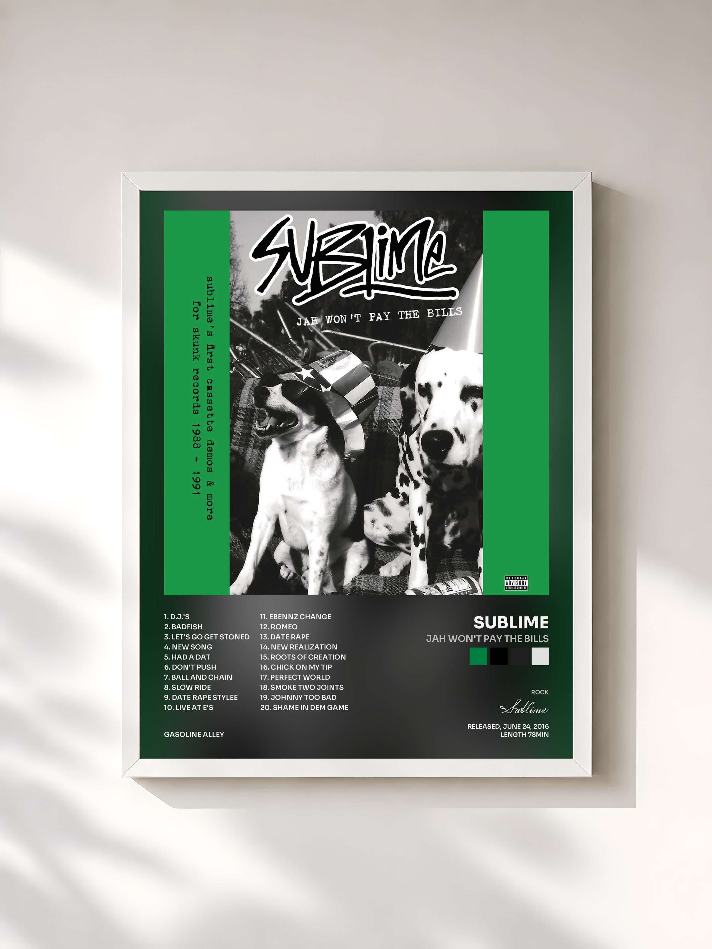 #blanc Tableau de l'album Jah Won't Pay The Bills de Sublime, cadre blanc, imprimé et encadré en France