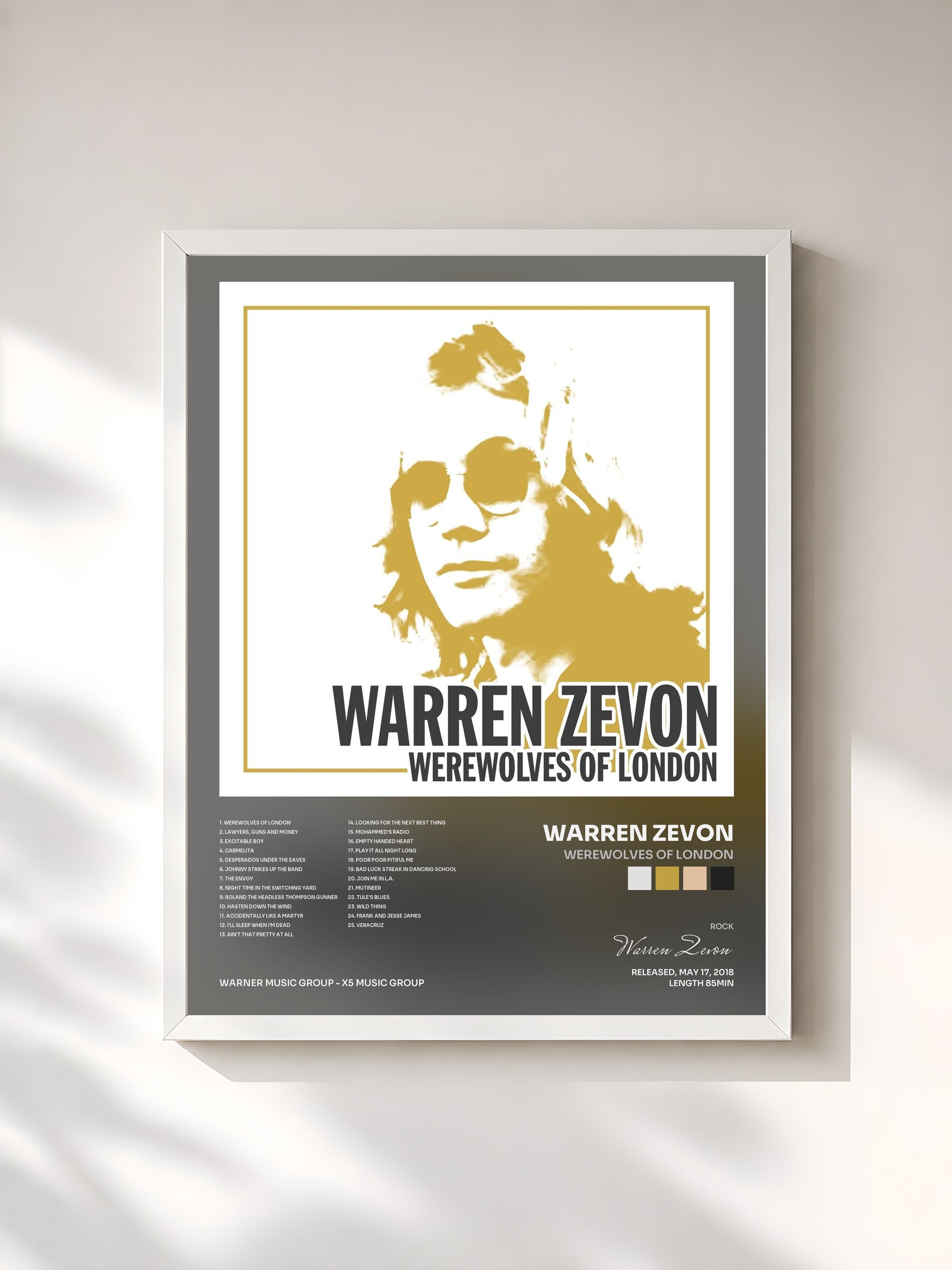 #blanc Tableau de l'album Werewolves of London de Warren Zevon, cadre blanc, imprimé et encadré en France