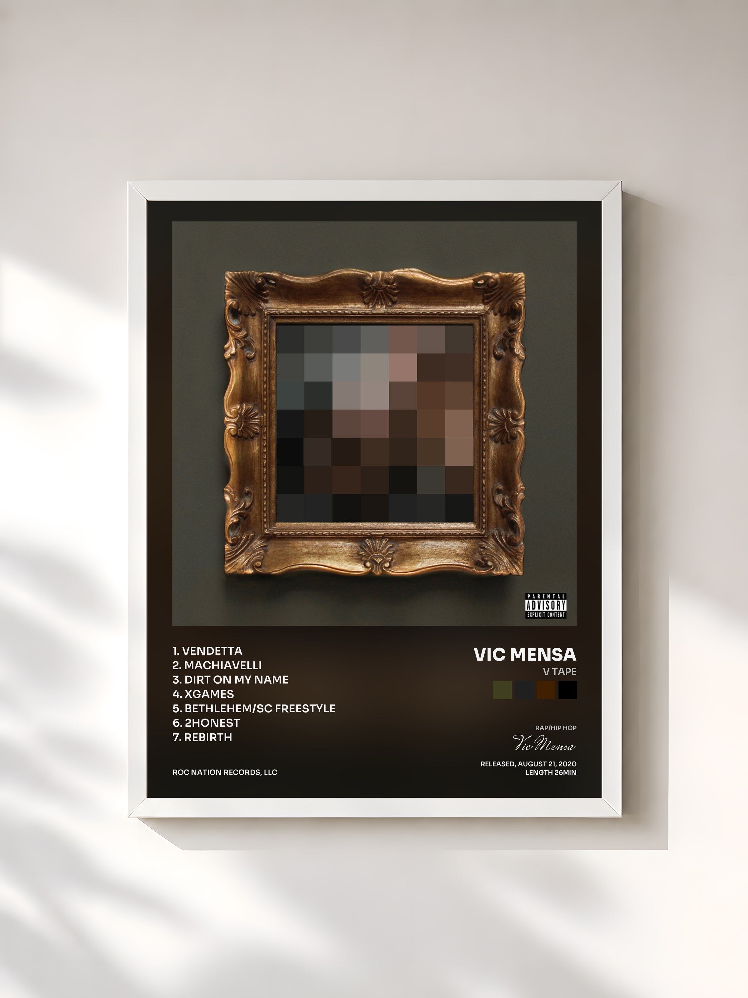 #blanc Tableau de l'album V TAPE de Vic Mensa, cadre blanc, imprimé et encadré en France