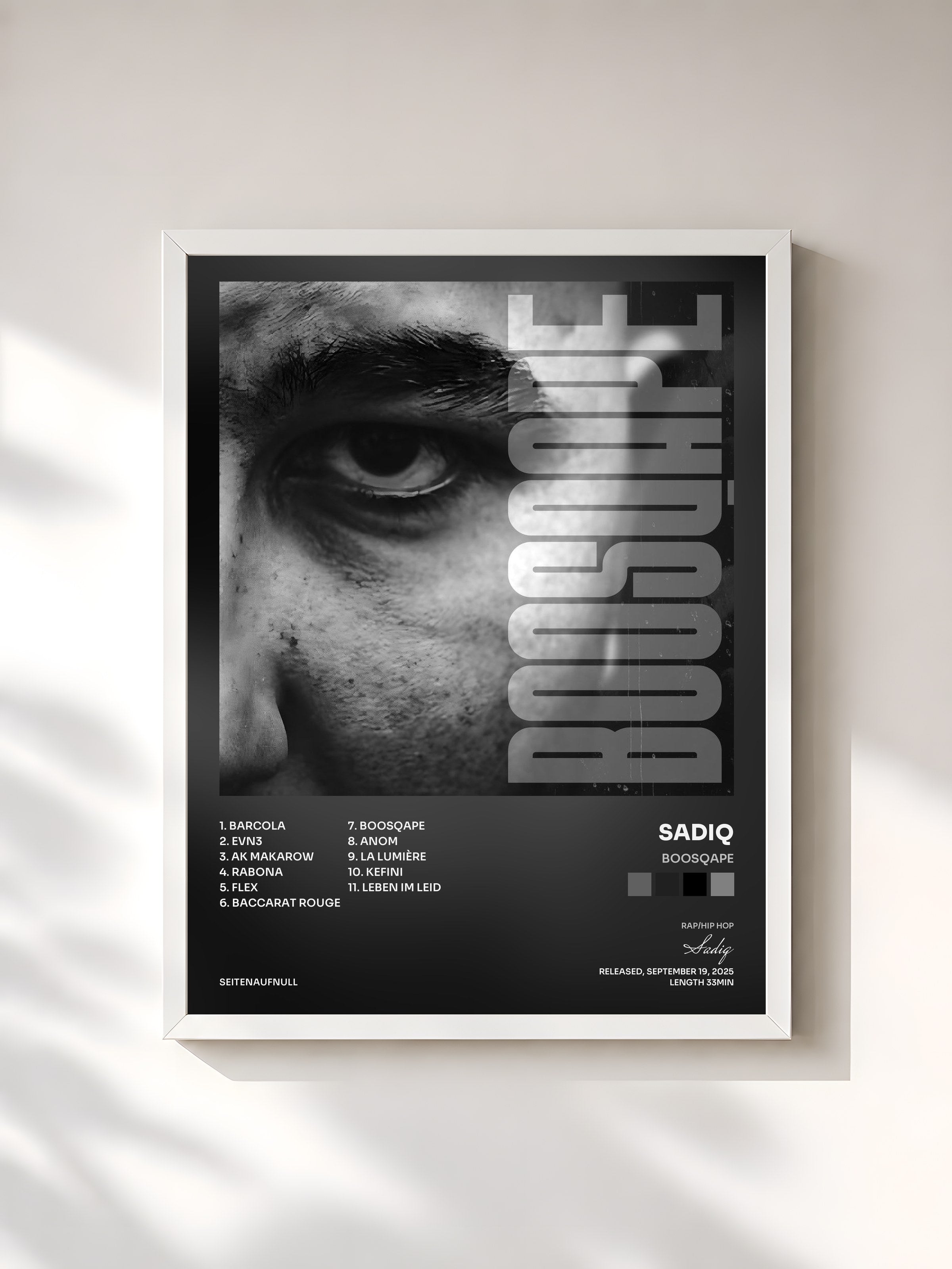 #blanc Tableau de l'album Boosqape de Sadiq, cadre blanc, imprimé et encadré en France