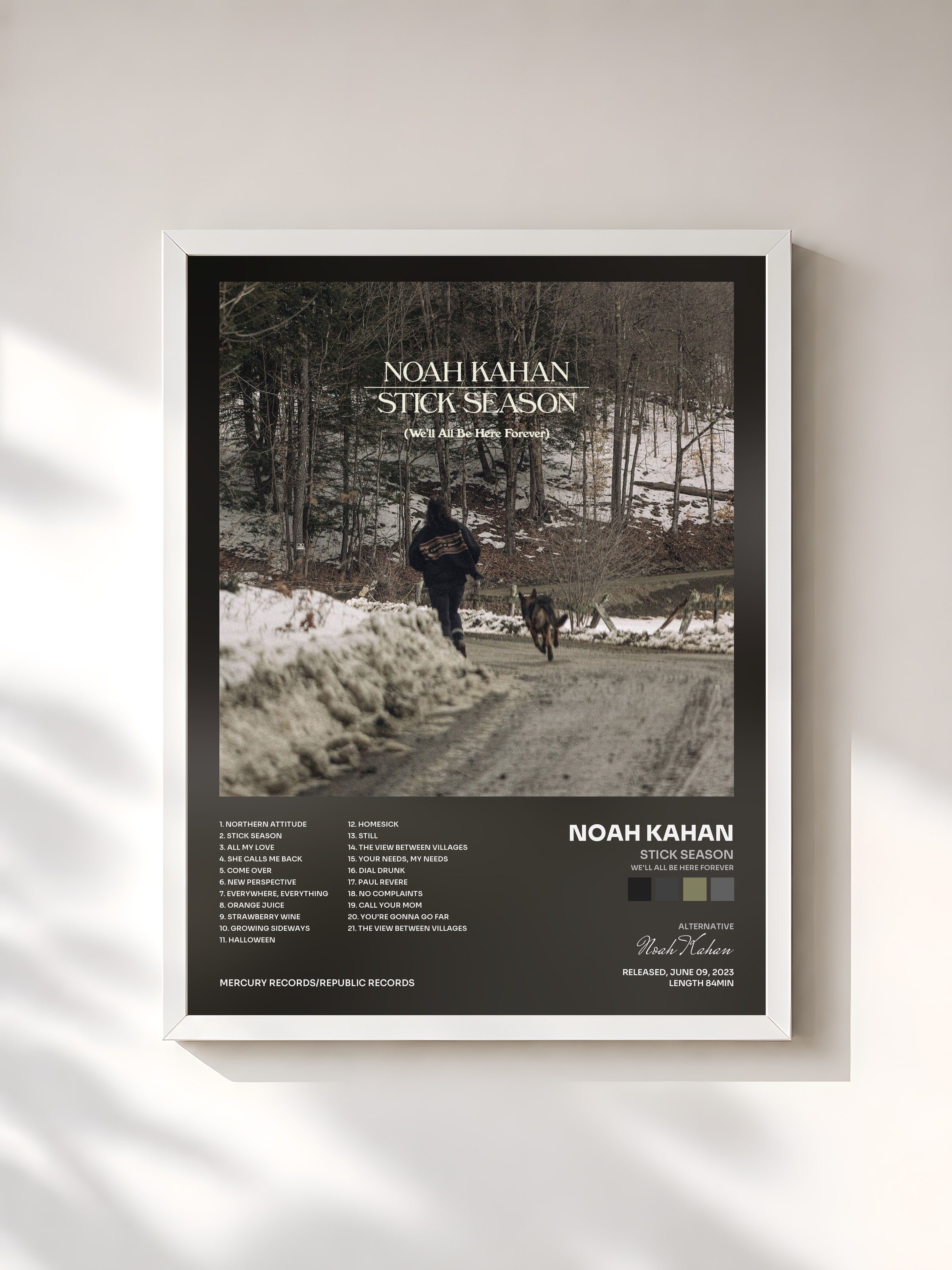 #blanc Tableau de l'album Stick Season (We'll All Be Here Forever) de Noah Kahan, cadre blanc, imprimé et encadré en France