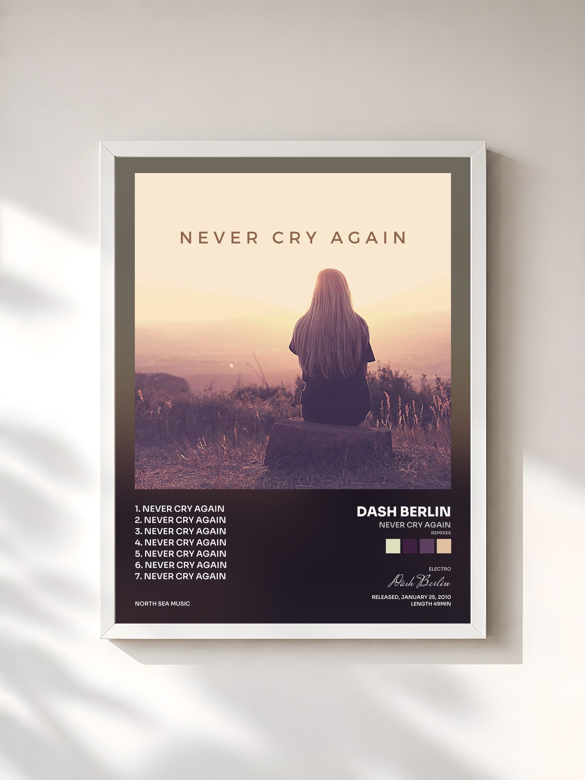 #blanc Tableau de l'album Never Cry Again (Remixes) de Dash Berlin, cadre blanc, imprimé et encadré en France