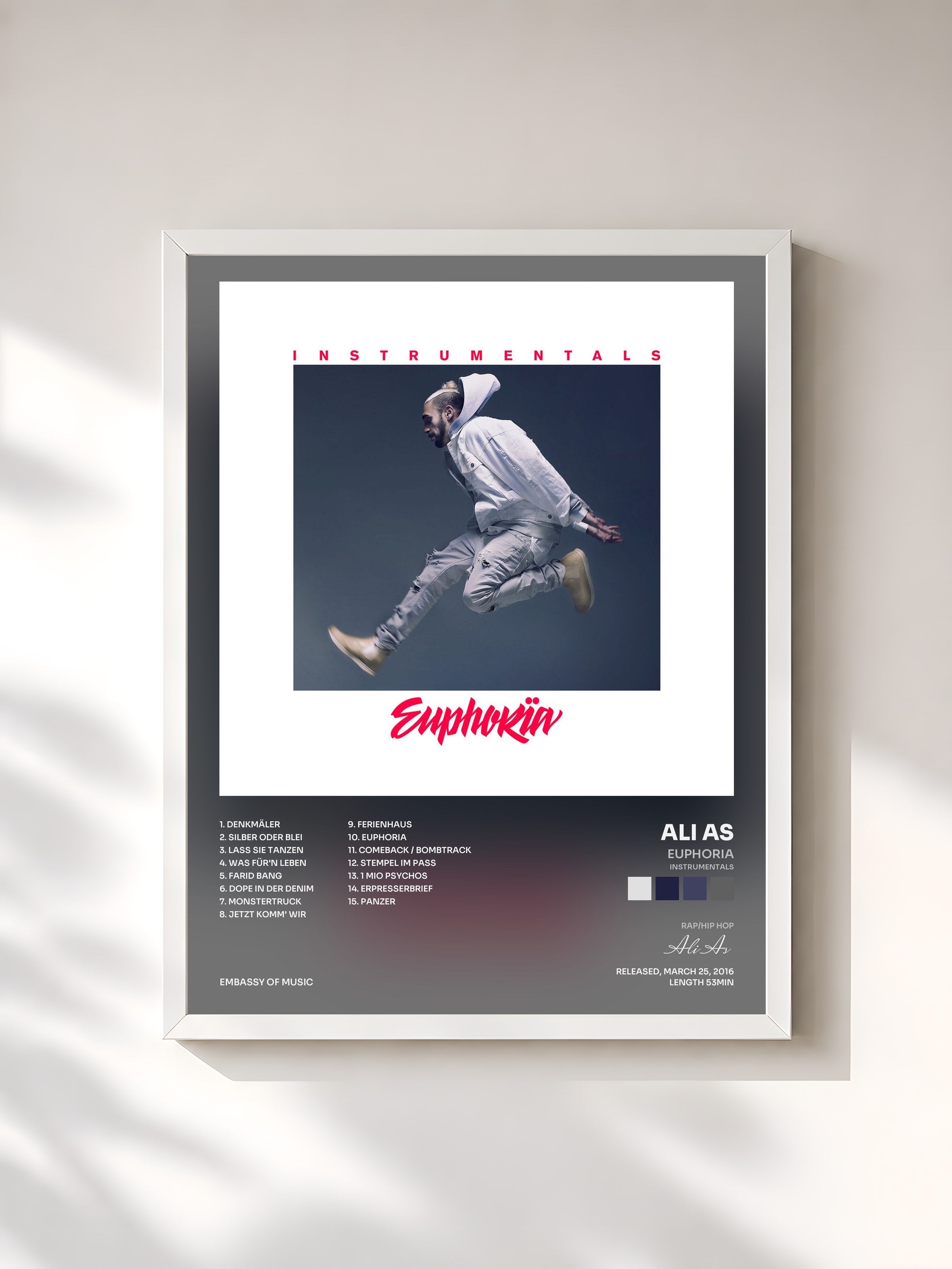 #blanc Tableau de l'album Euphoria (Instrumentals) de Ali As, cadre blanc, imprimé et encadré en France