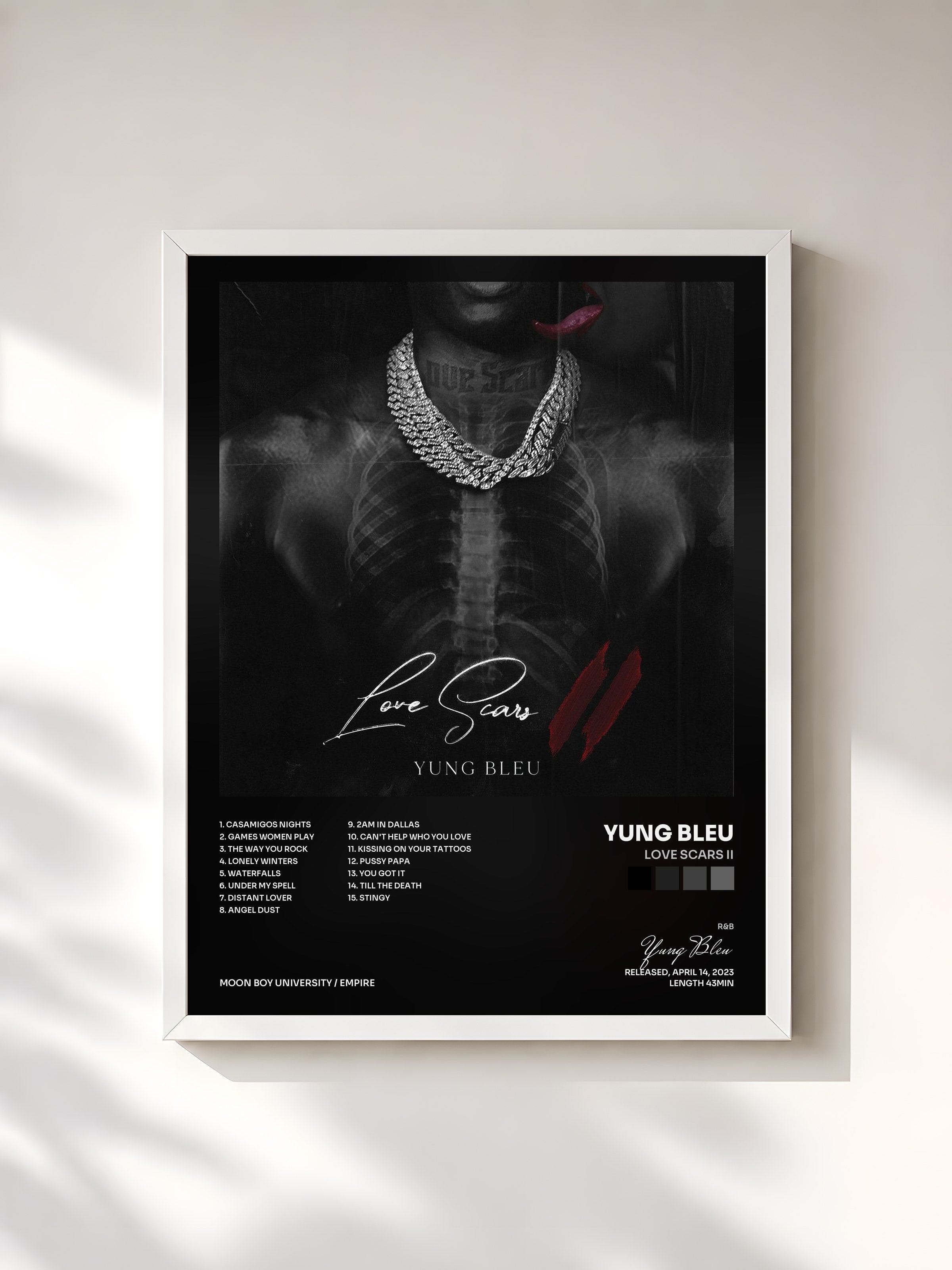 #blanc Tableau de l'album Love Scars II de Yung Bleu, cadre blanc, imprimé et encadré en France