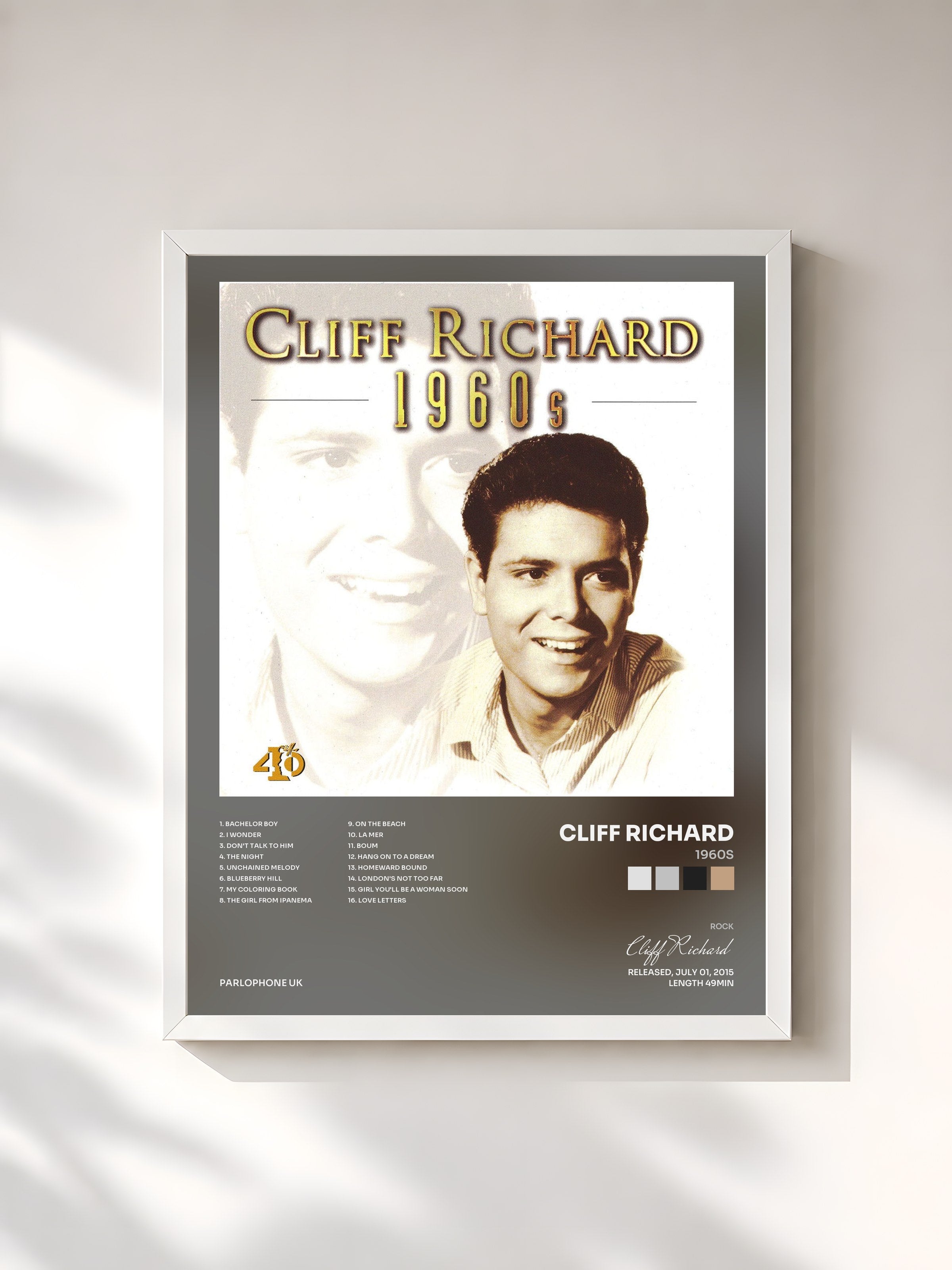 #blanc Tableau de l'album 1960s de Cliff Richard, cadre blanc, imprimé et encadré en France