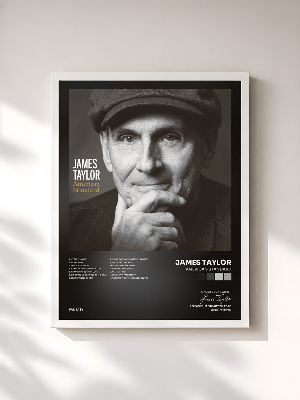 #blanc Tableau de l'album American Standard de James Taylor, cadre blanc, imprimé et encadré en France