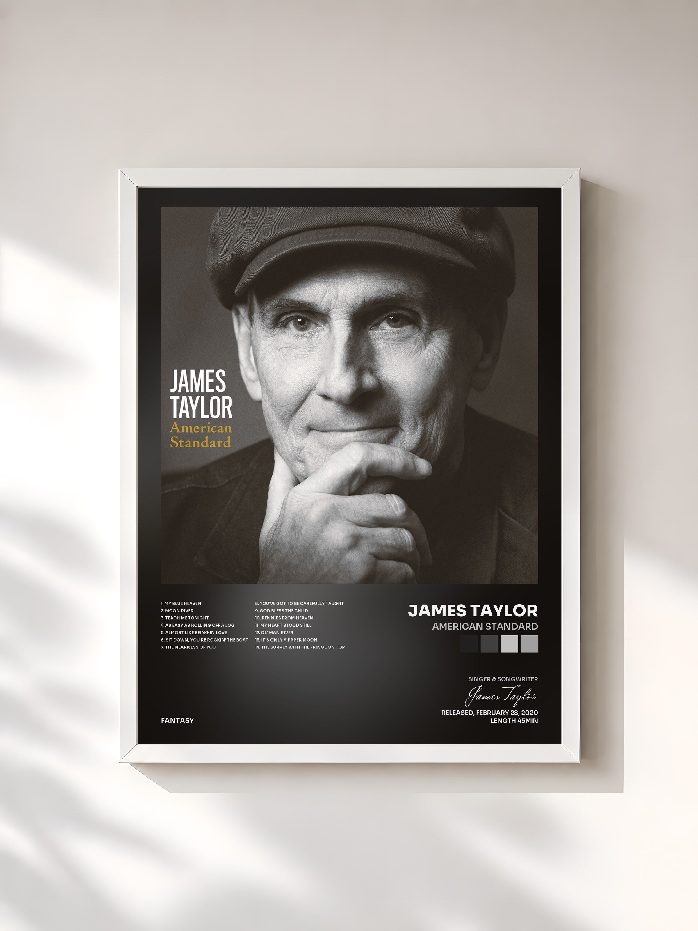 #blanc Tableau de l'album American Standard de James Taylor, cadre blanc, imprimé et encadré en France