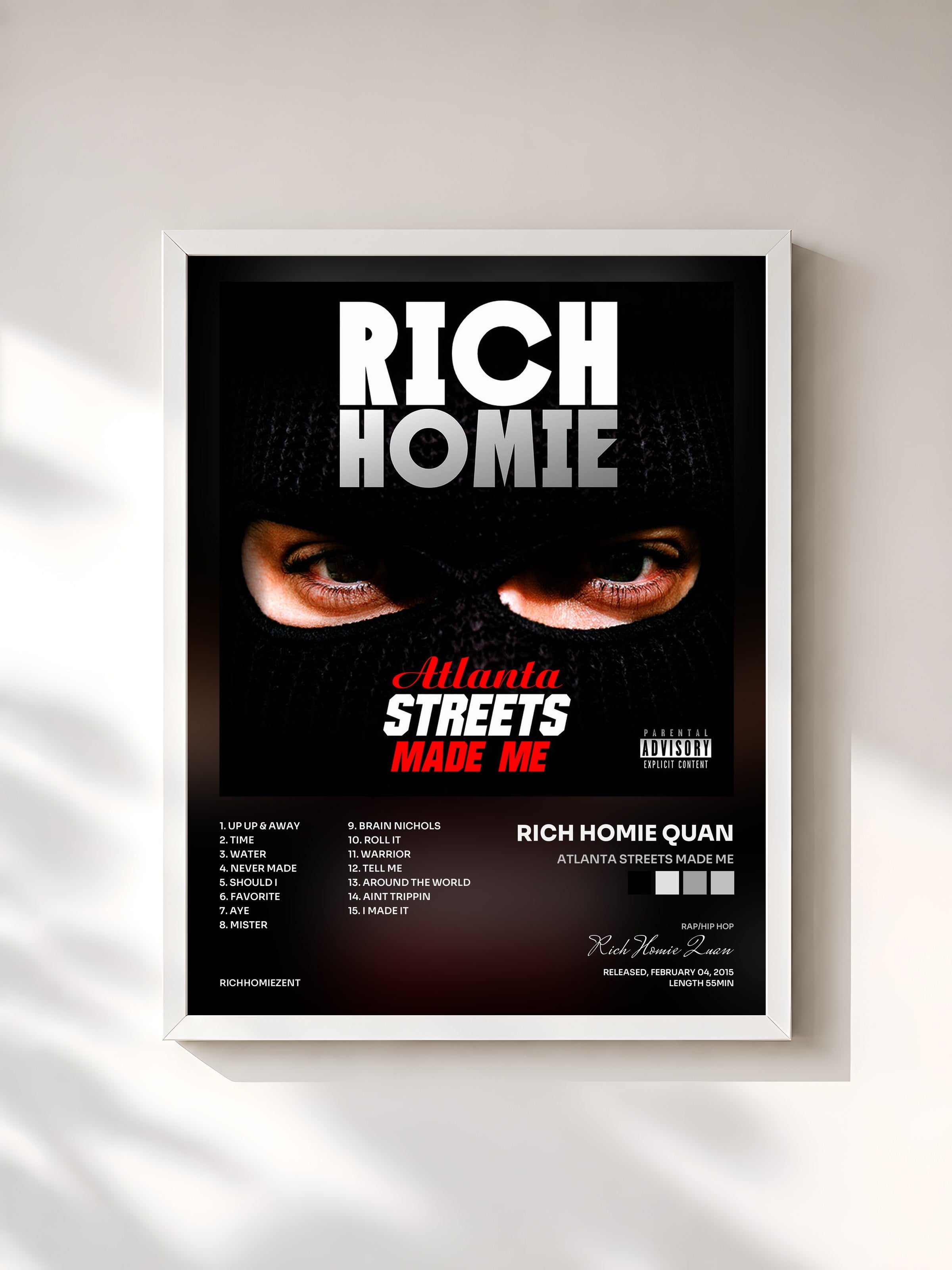 #blanc Tableau de l'album Atlanta Streets Made Me de Rich Homie Quan, cadre blanc, imprimé et encadré en France