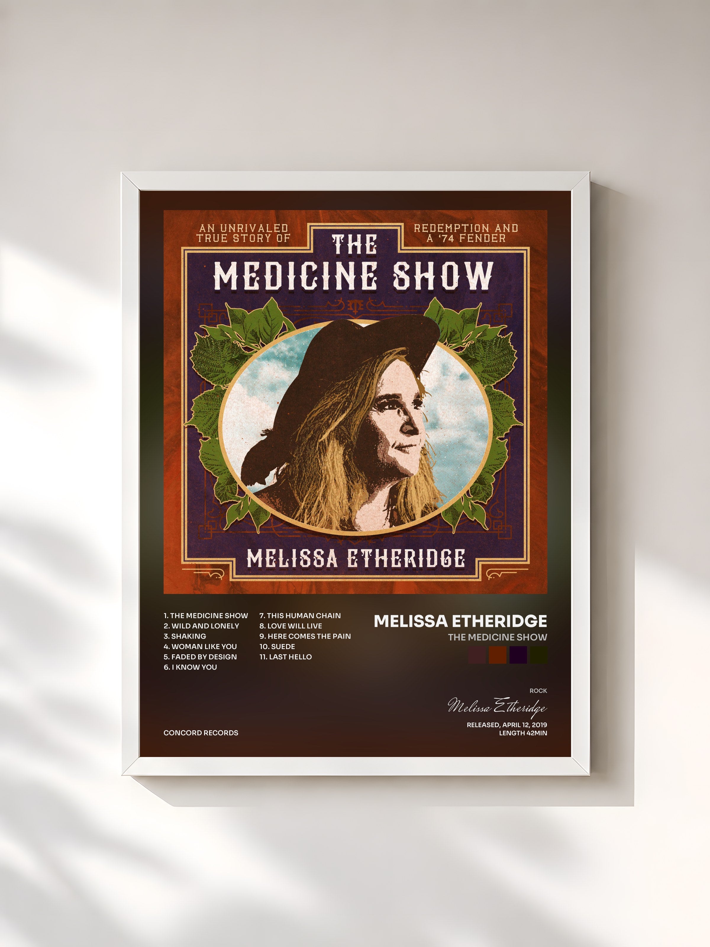 #blanc Tableau de l'album The Medicine Show de Melissa Etheridge, cadre blanc, imprimé et encadré en France