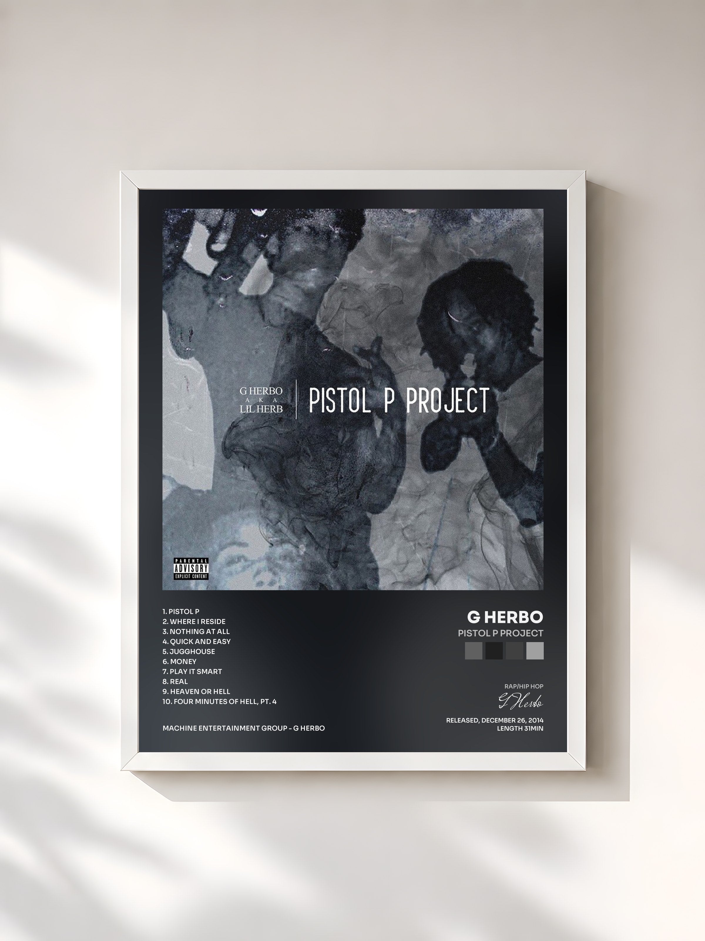 #blanc Tableau de l'album Pistol P Project de G Herbo, cadre blanc, imprimé et encadré en France