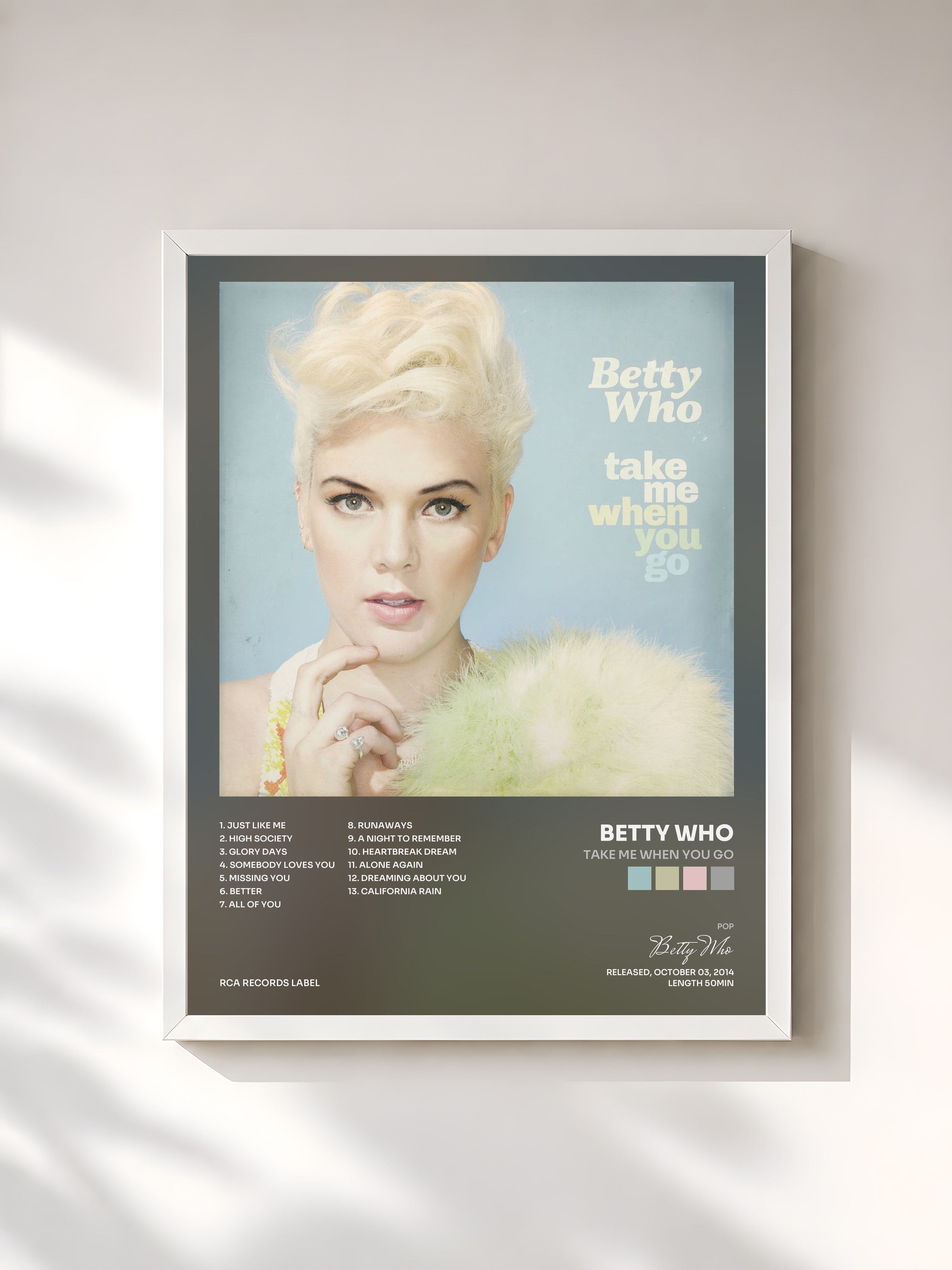 #blanc Tableau de l'album Take Me When You Go de Betty Who, cadre blanc, imprimé et encadré en France