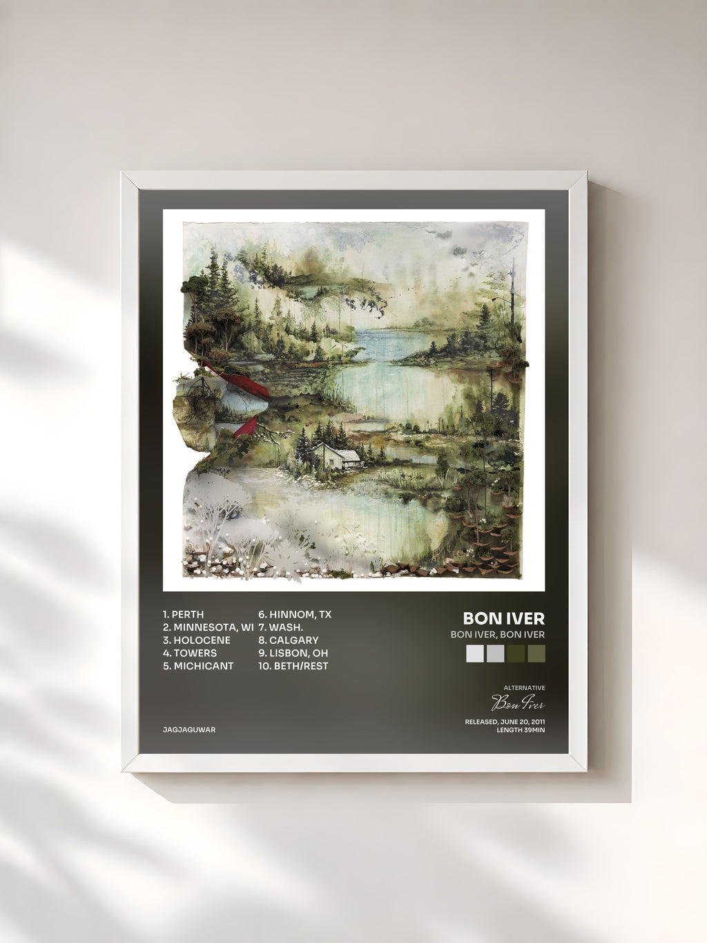 #blanc Tableau de l'album Bon Iver, Bon Iver de Bon Iver, cadre blanc, imprimé et encadré en France