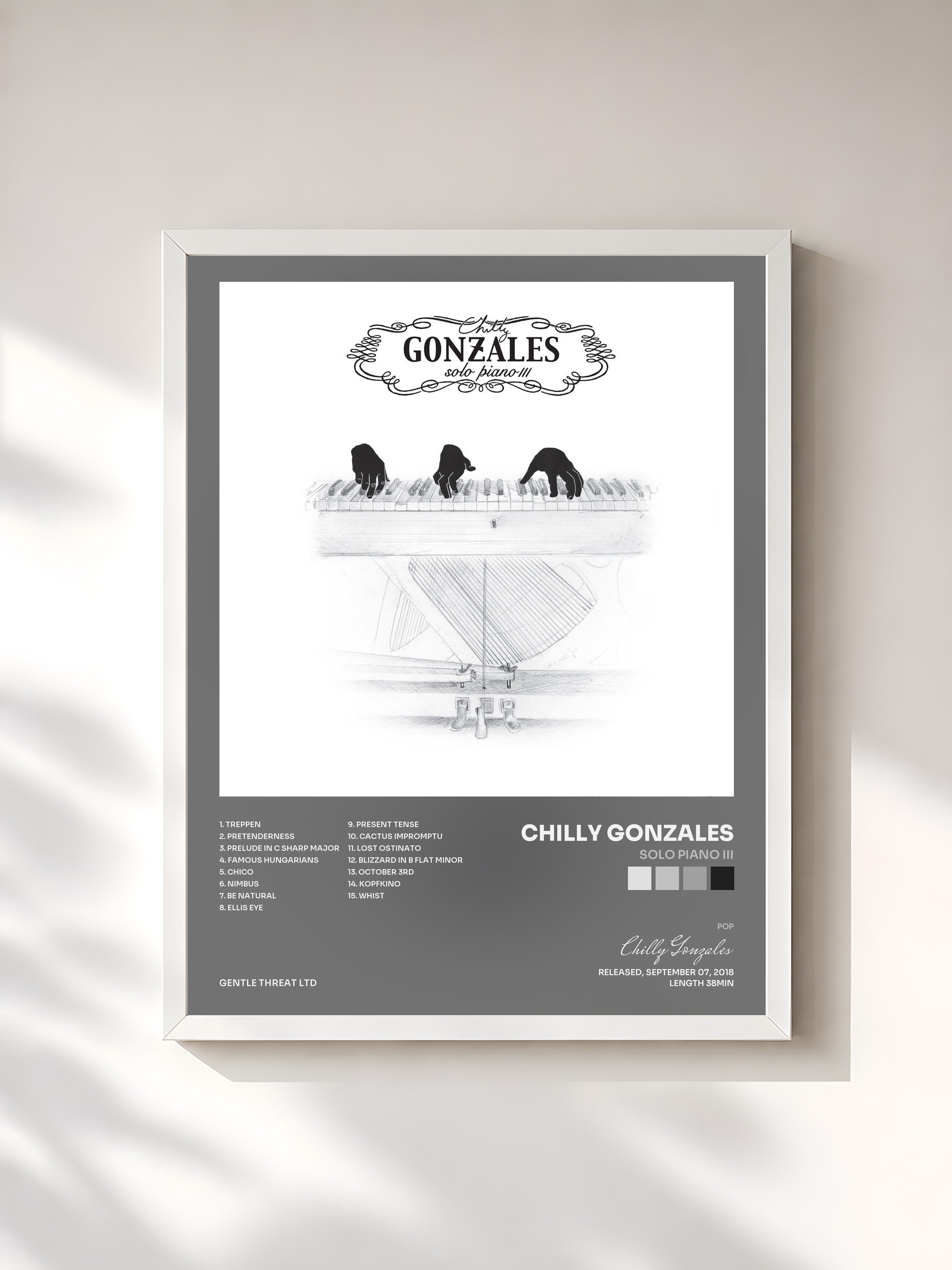 #blanc Tableau de l'album Solo Piano III de Chilly Gonzales, cadre blanc, imprimé et encadré en France