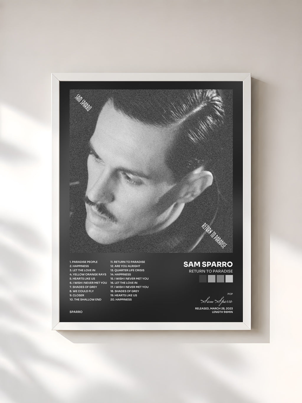 #blanc Tableau de l'album Return to Paradise de Sam Sparro, cadre blanc, imprimé et encadré en France