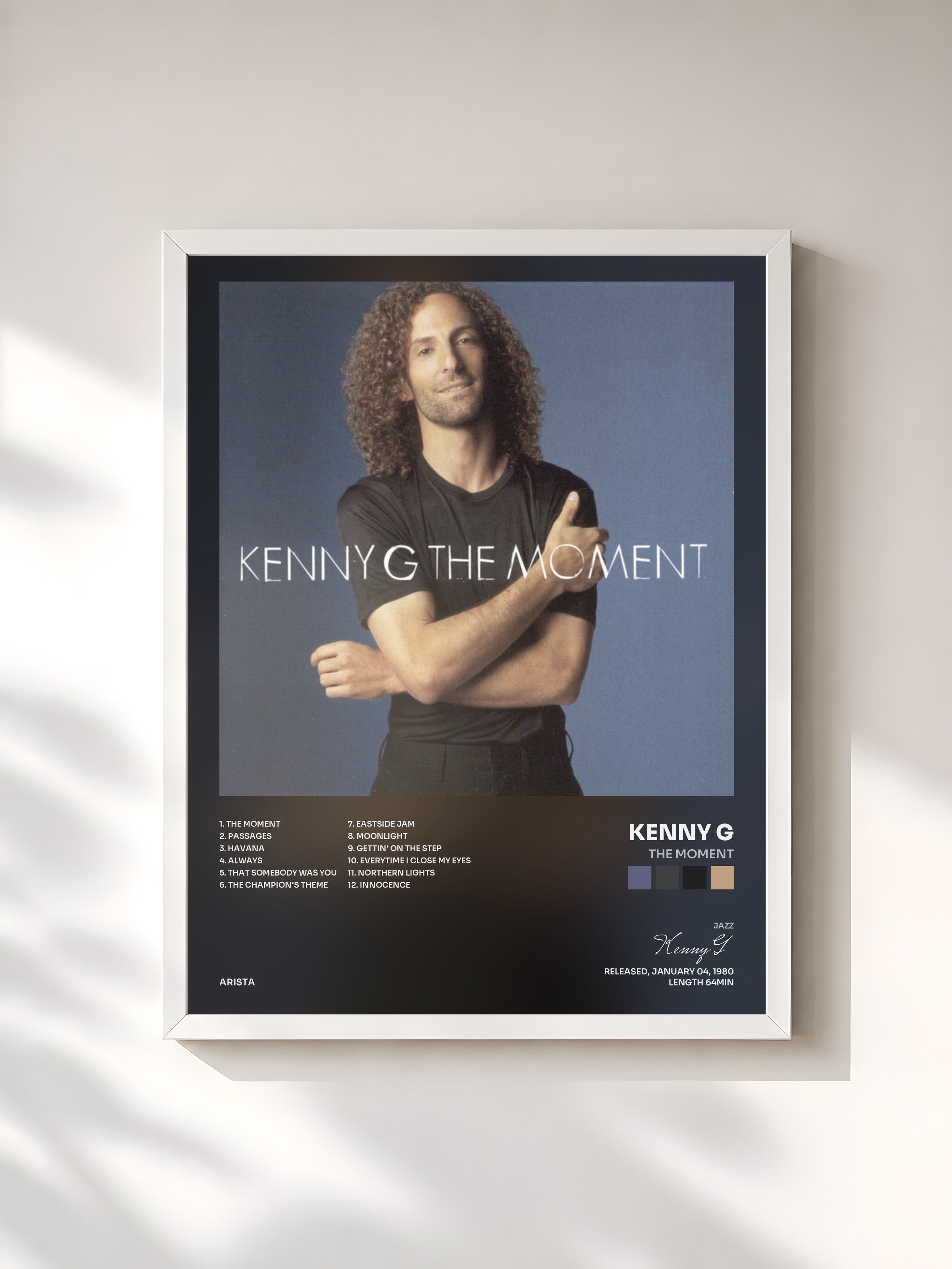 #blanc Tableau de l'album The Moment de Kenny G, cadre blanc, imprimé et encadré en France