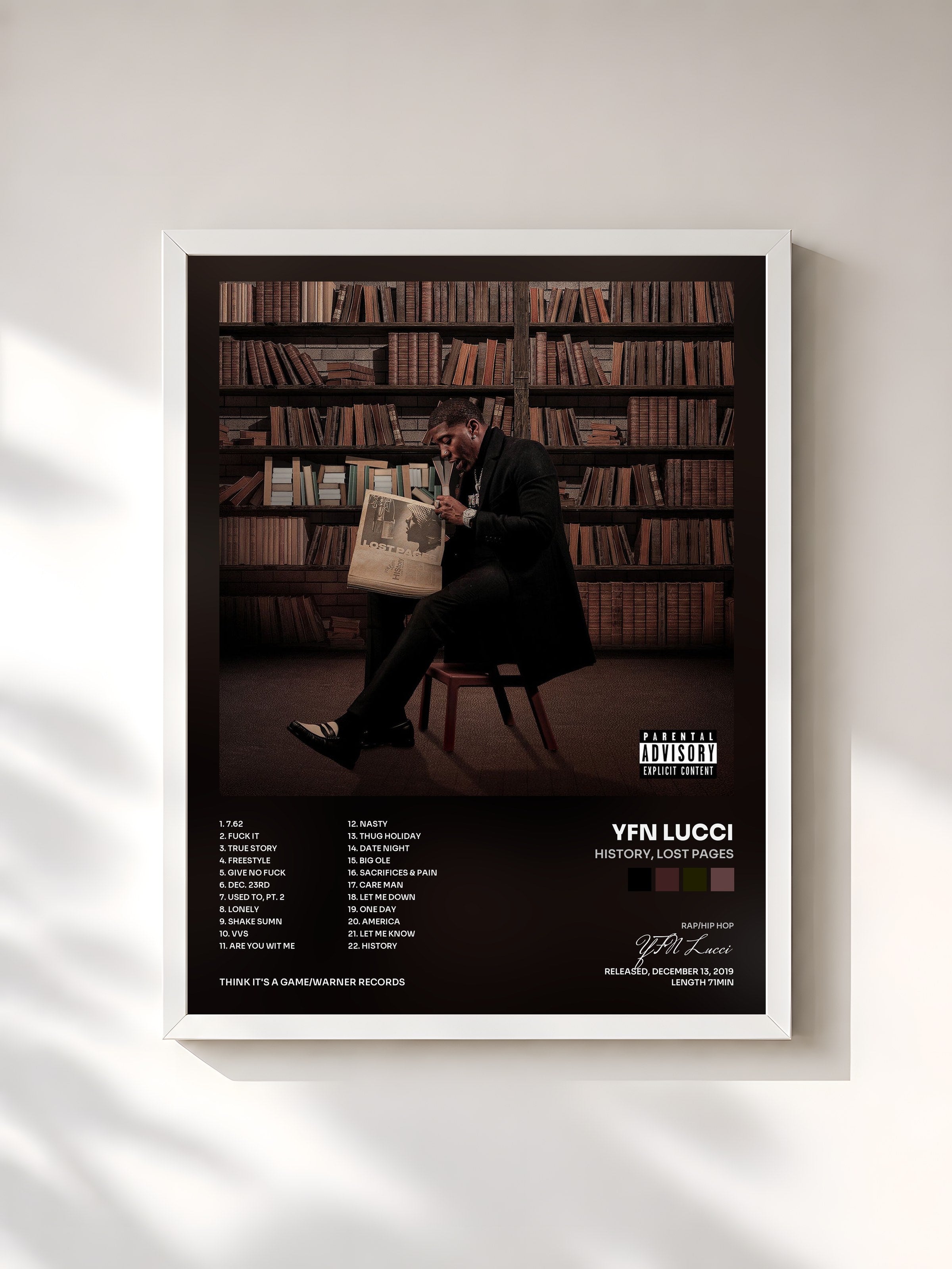 #blanc Tableau de l'album HIStory, Lost Pages de YFN Lucci, cadre blanc, imprimé et encadré en France
