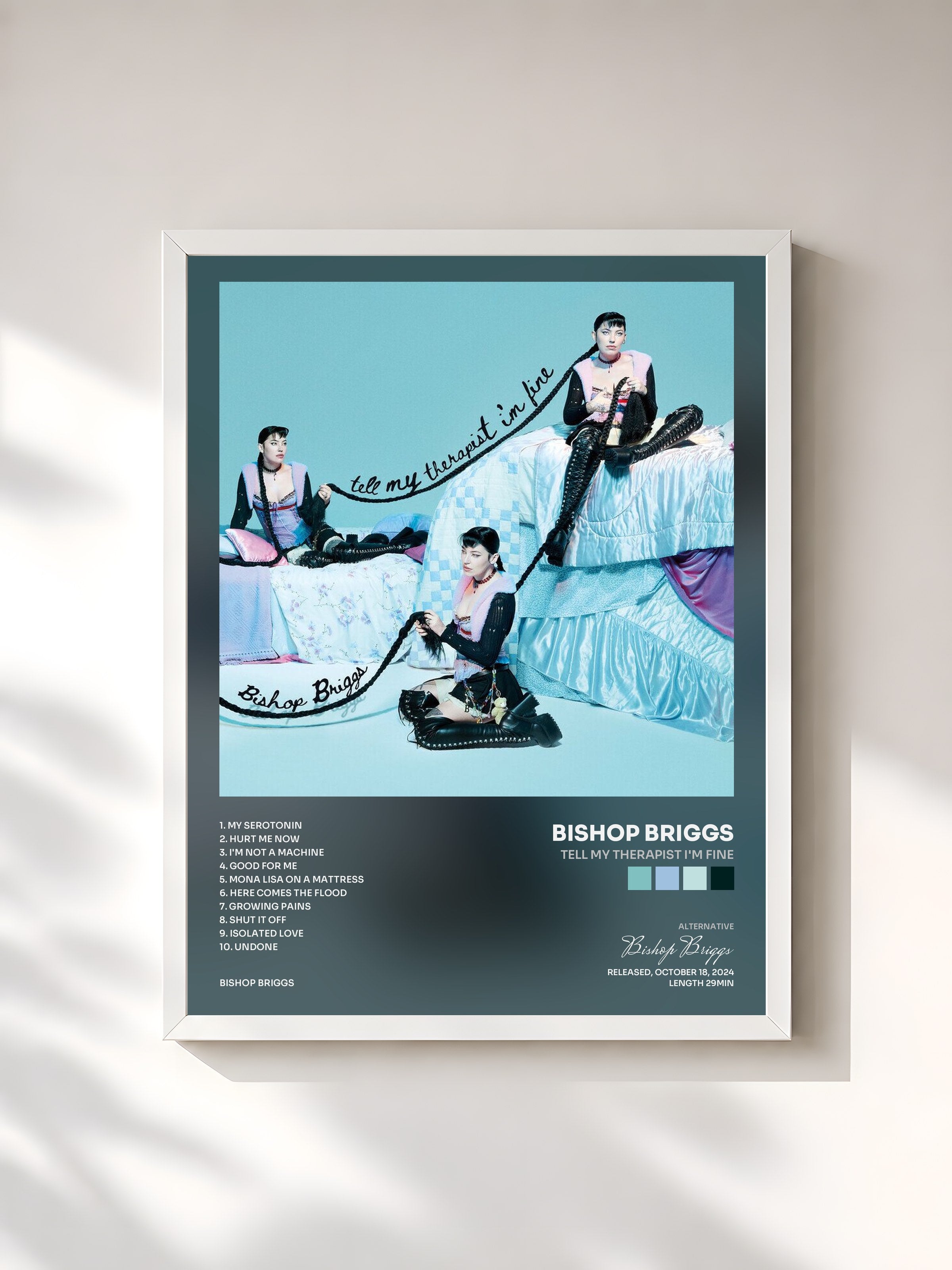 #blanc Tableau de l'album Tell My Therapist I'm Fine de Bishop Briggs, cadre blanc, imprimé et encadré en France