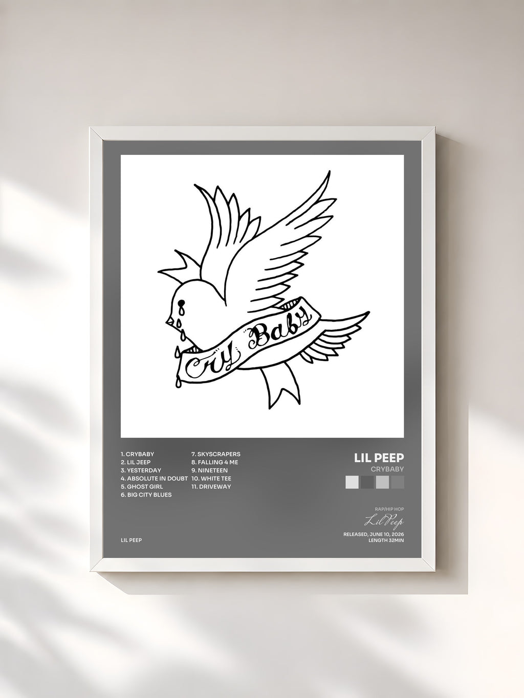 #blanc Tableau de l'album crybaby de Lil Peep, cadre blanc, imprimé et encadré en France