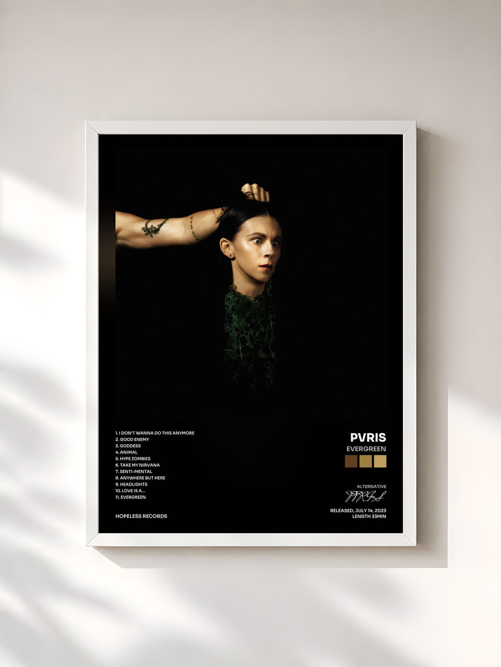 #blanc EVERGREEN by PVRIS as a framed art print, white frame, printed and framed in France