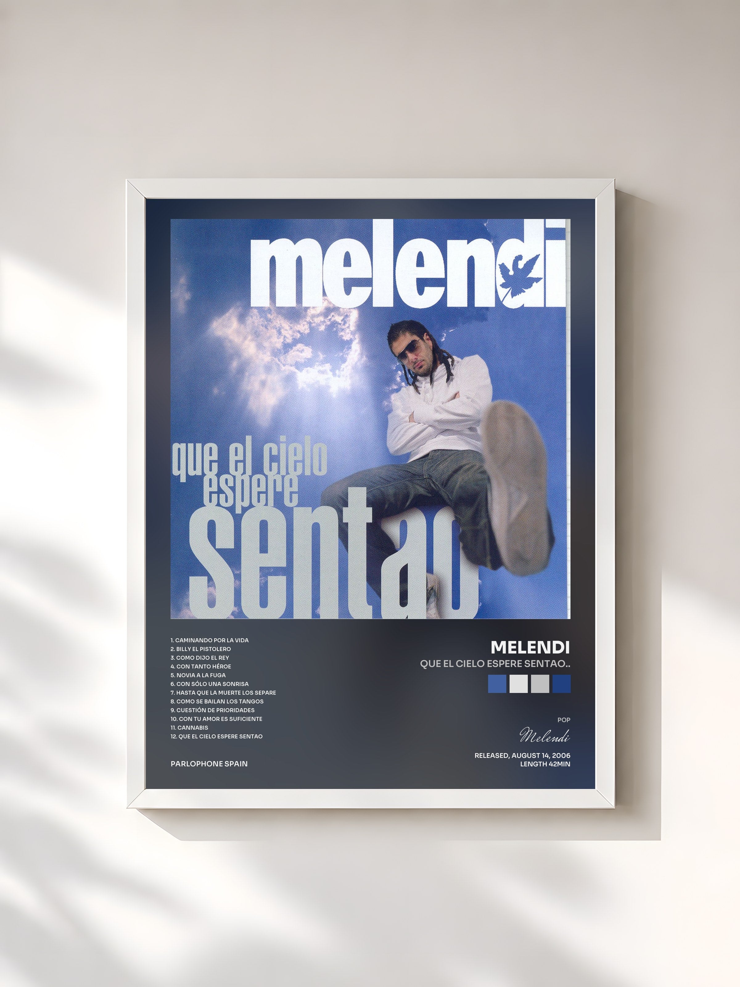 #blanc Tableau de l'album Que El Cielo Espere Sentao.. de Melendi, cadre blanc, imprimé et encadré en France