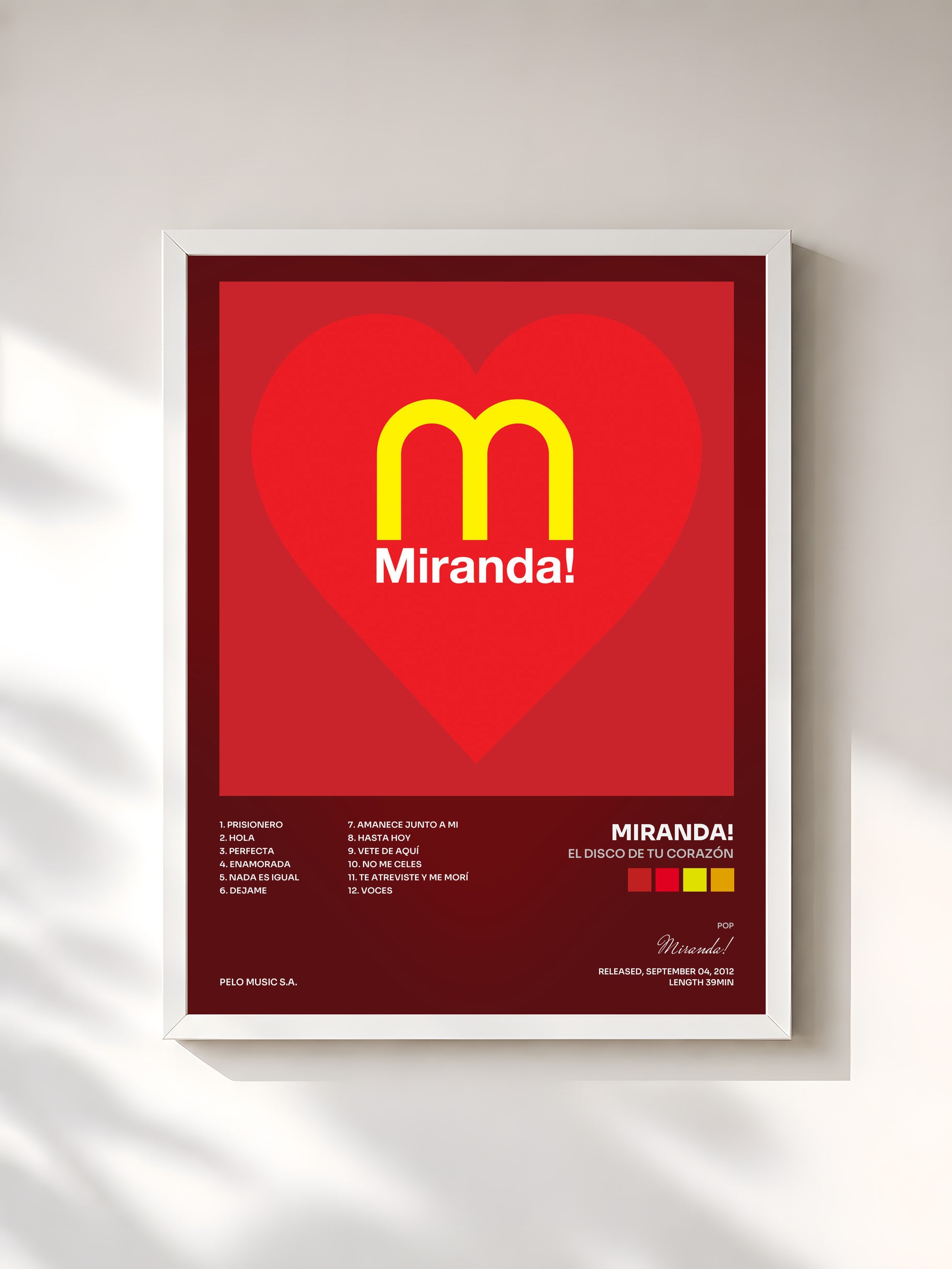 #blanc Tableau de l'album El Disco de Tu Corazón de Miranda!, cadre blanc, imprimé et encadré en France