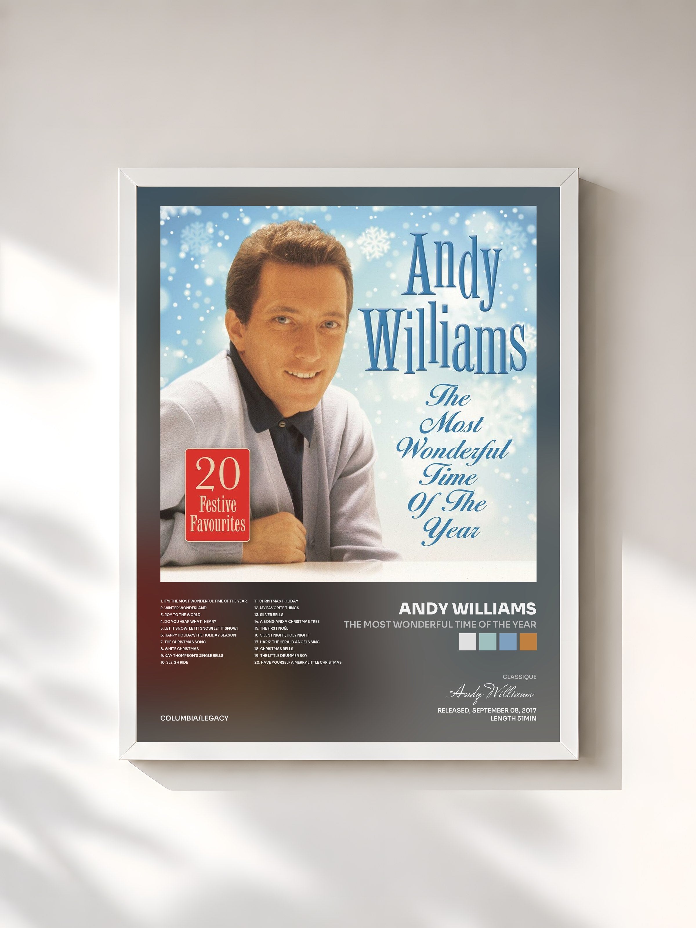 #blanc Tableau de l'album The Most Wonderful Time Of The Year de Andy Williams, cadre blanc, imprimé et encadré en France
