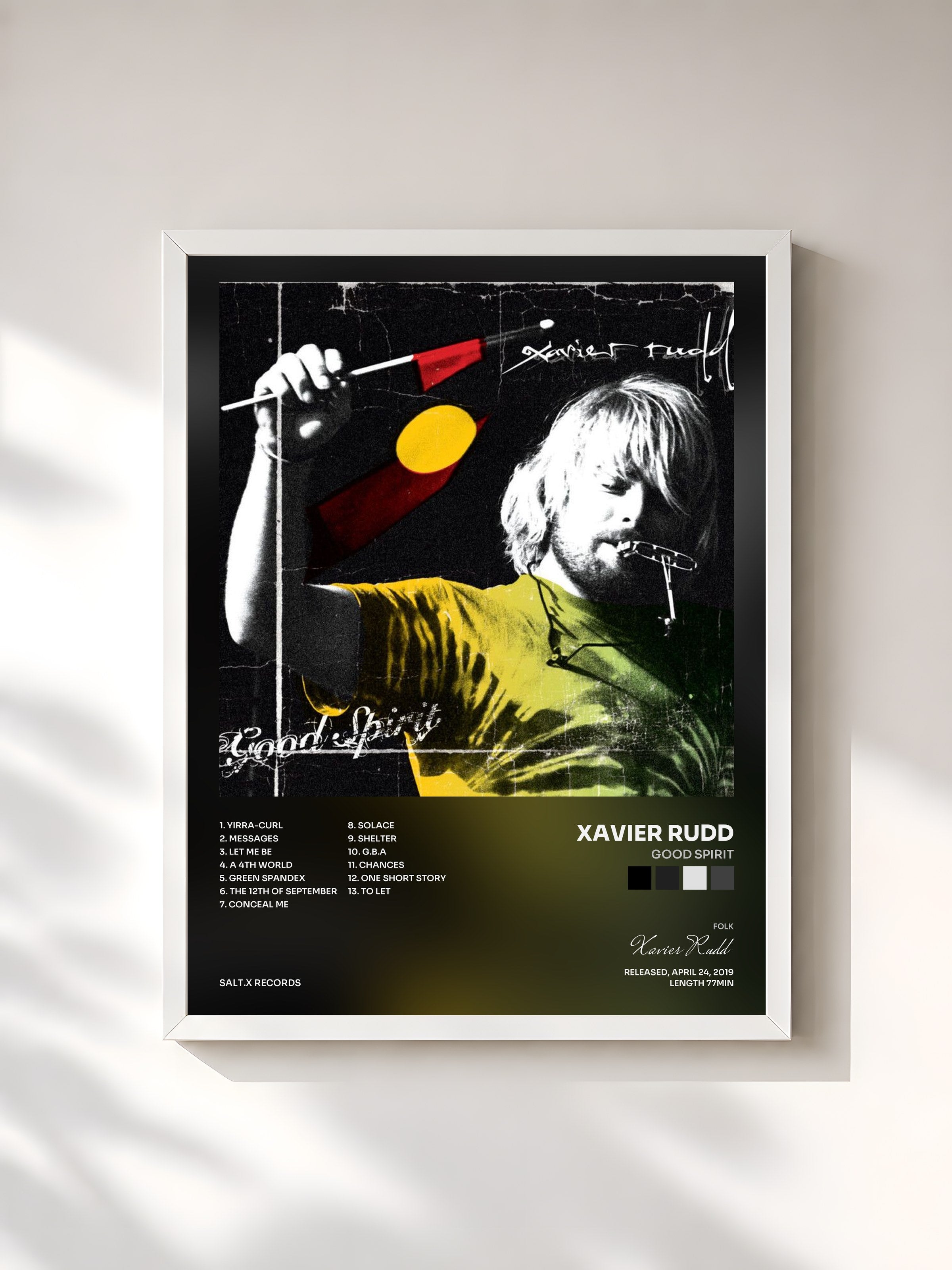 #blanc Tableau de l'album Good Spirit de Xavier Rudd, cadre blanc, imprimé et encadré en France