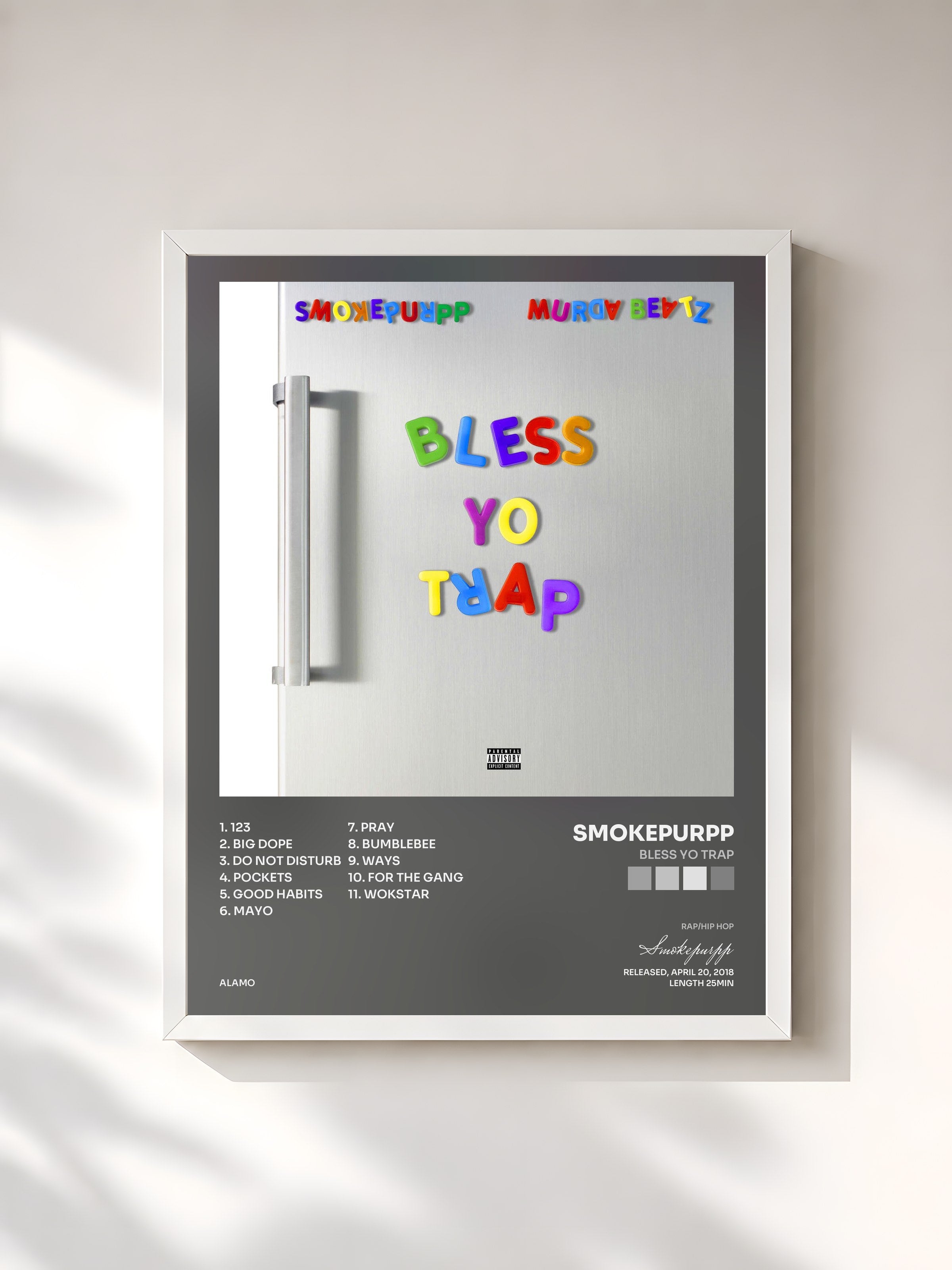 #blanc Tableau de l'album Bless Yo Trap de Smokepurpp, cadre blanc, imprimé et encadré en France