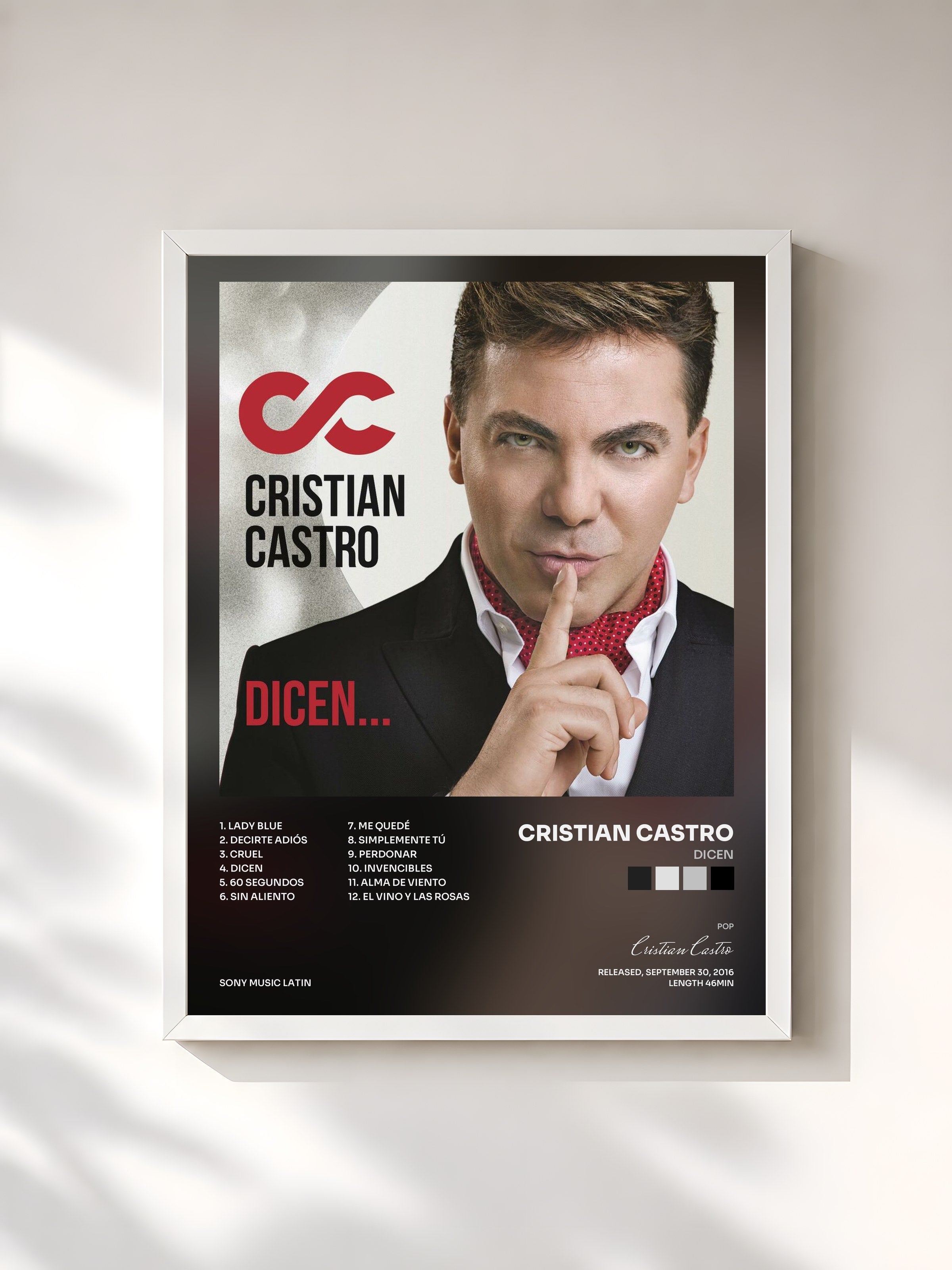 #blanc Tableau de l'album Dicen de Cristian Castro, cadre blanc, imprimé et encadré en France
