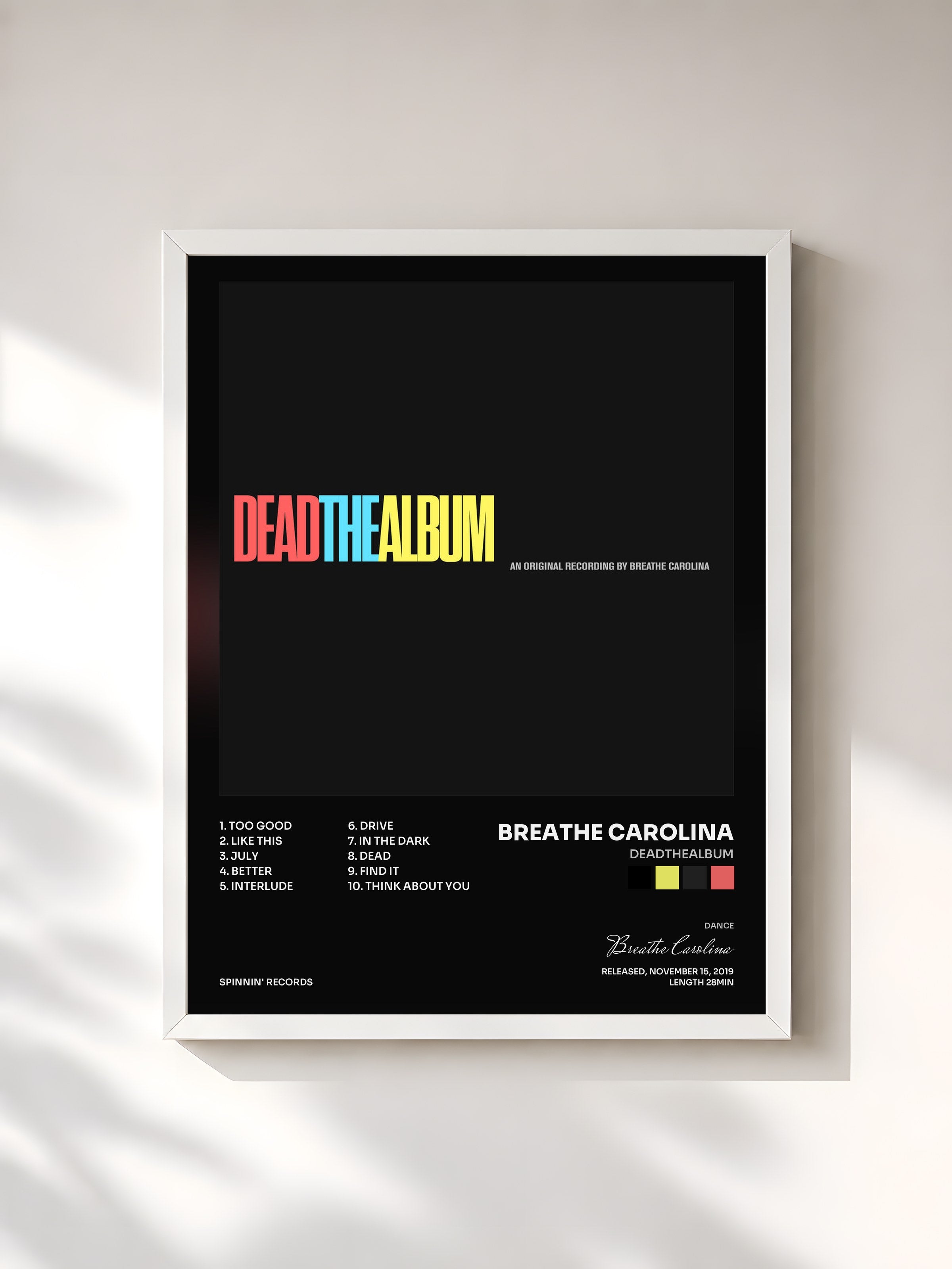 #blanc Tableau de l'album DEADTHEALBUM de Breathe Carolina, cadre blanc, imprimé et encadré en France