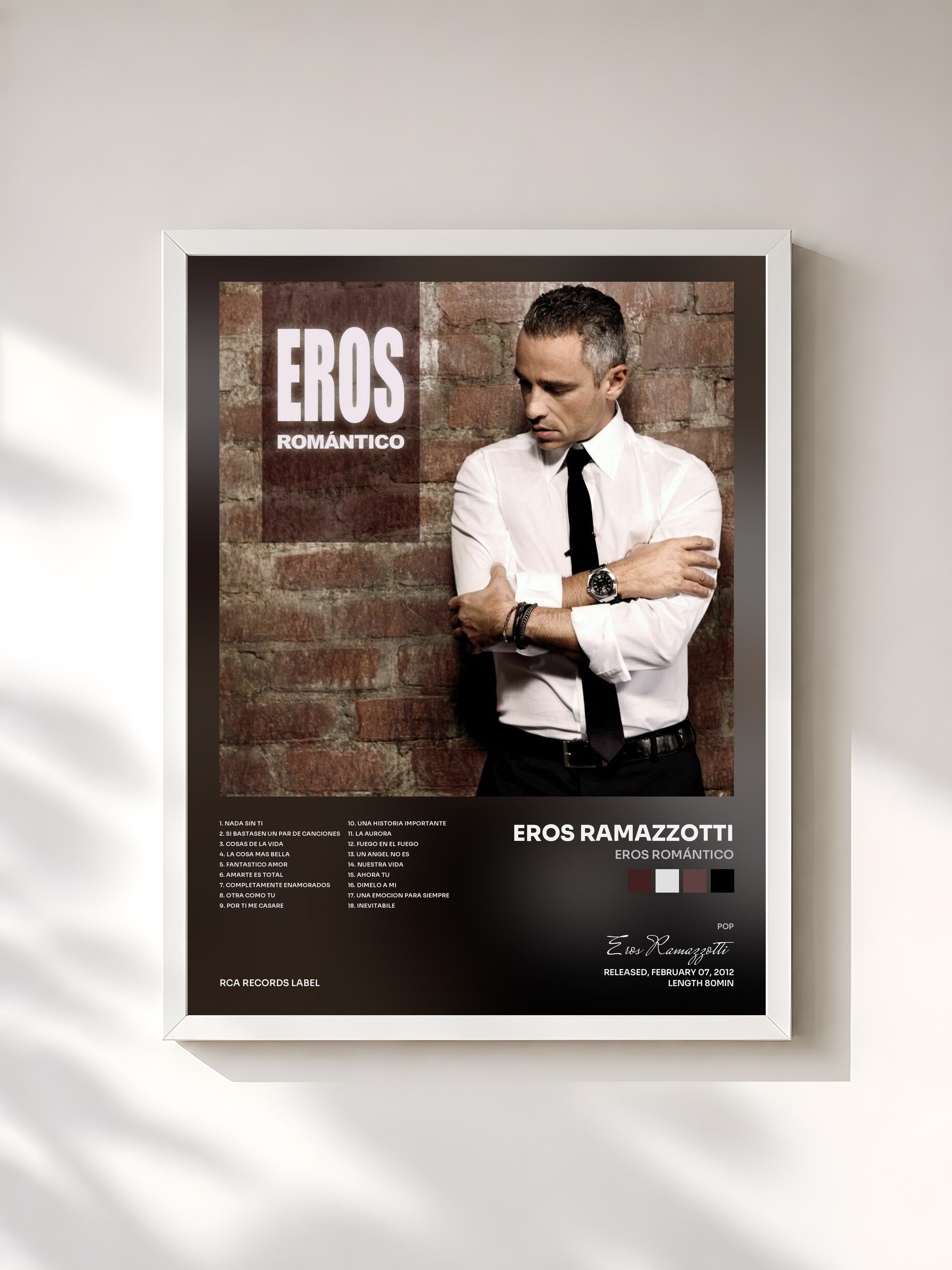 #blanc Tableau de l'album Eros Romántico de Eros Ramazzotti, cadre blanc, imprimé et encadré en France