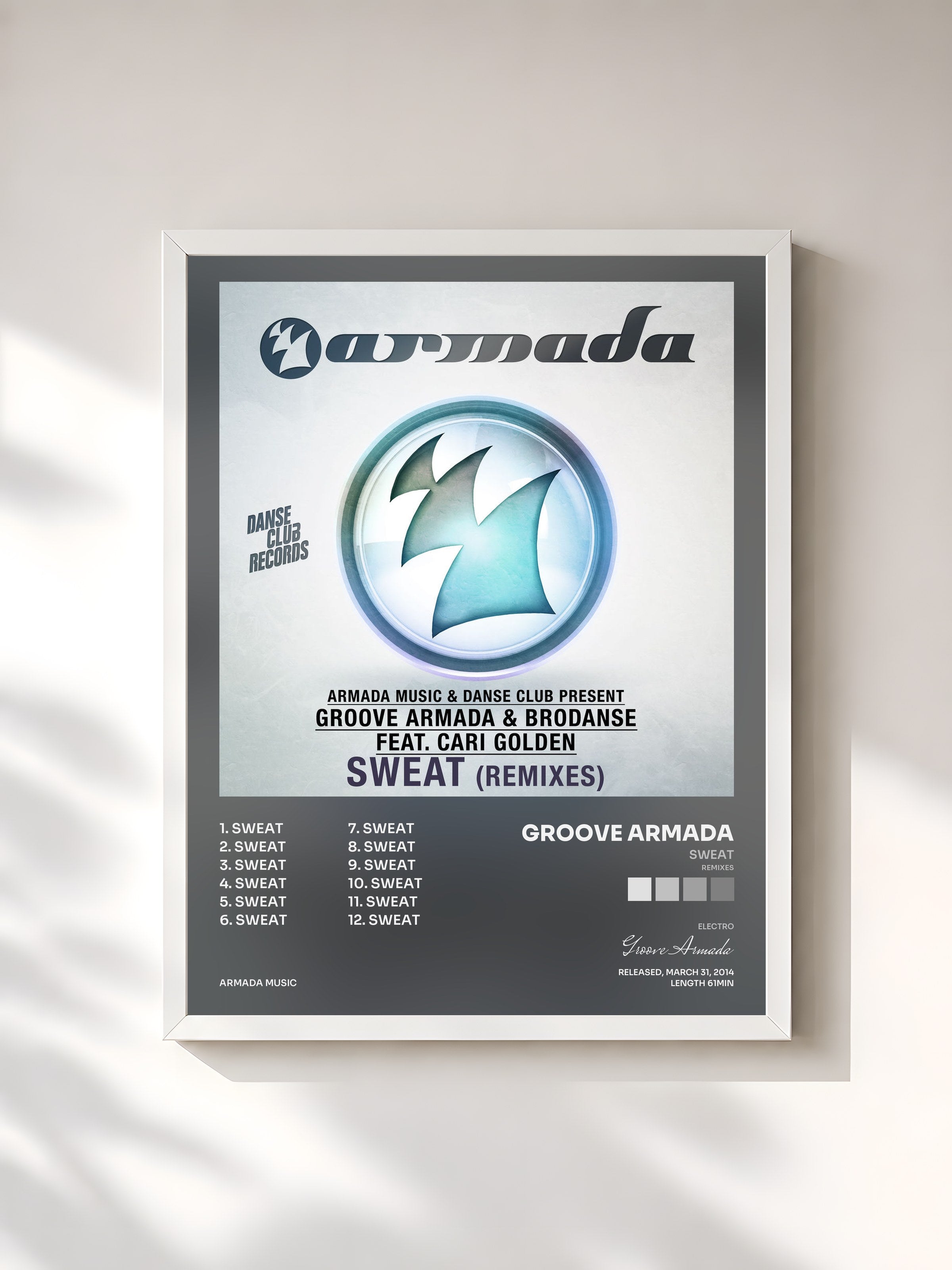 #blanc Tableau de l'album Sweat (Remixes) de Groove Armada, cadre blanc, imprimé et encadré en France