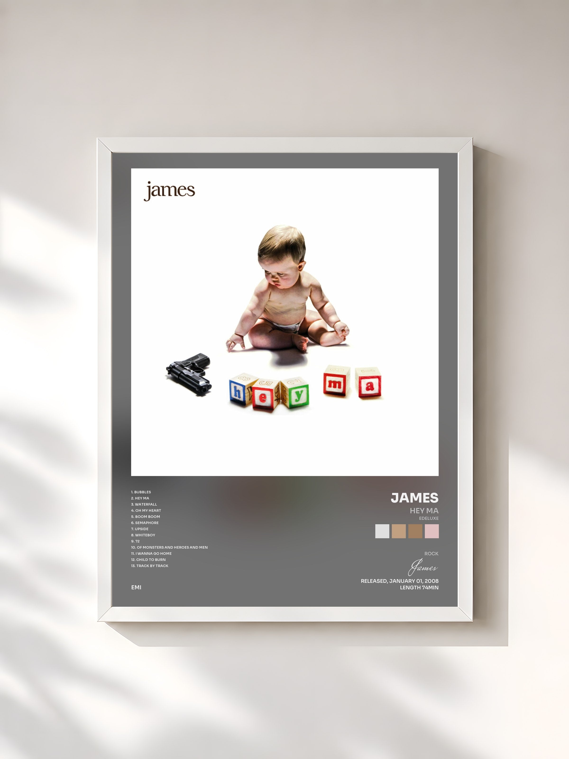 #blanc Tableau de l'album Hey Ma (eDeluxe) de James, cadre blanc, imprimé et encadré en France