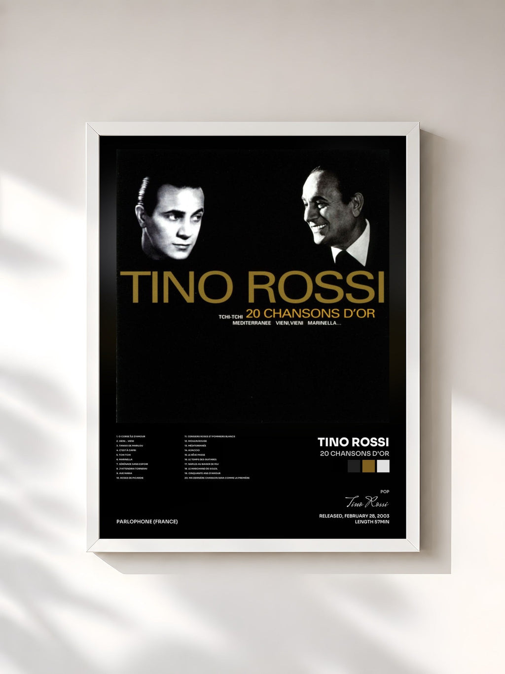 #blanc 20 chansons d'or di Tino Rossi in stampa incorniciata, cornice bianca, stampata e incorniciata in Francia