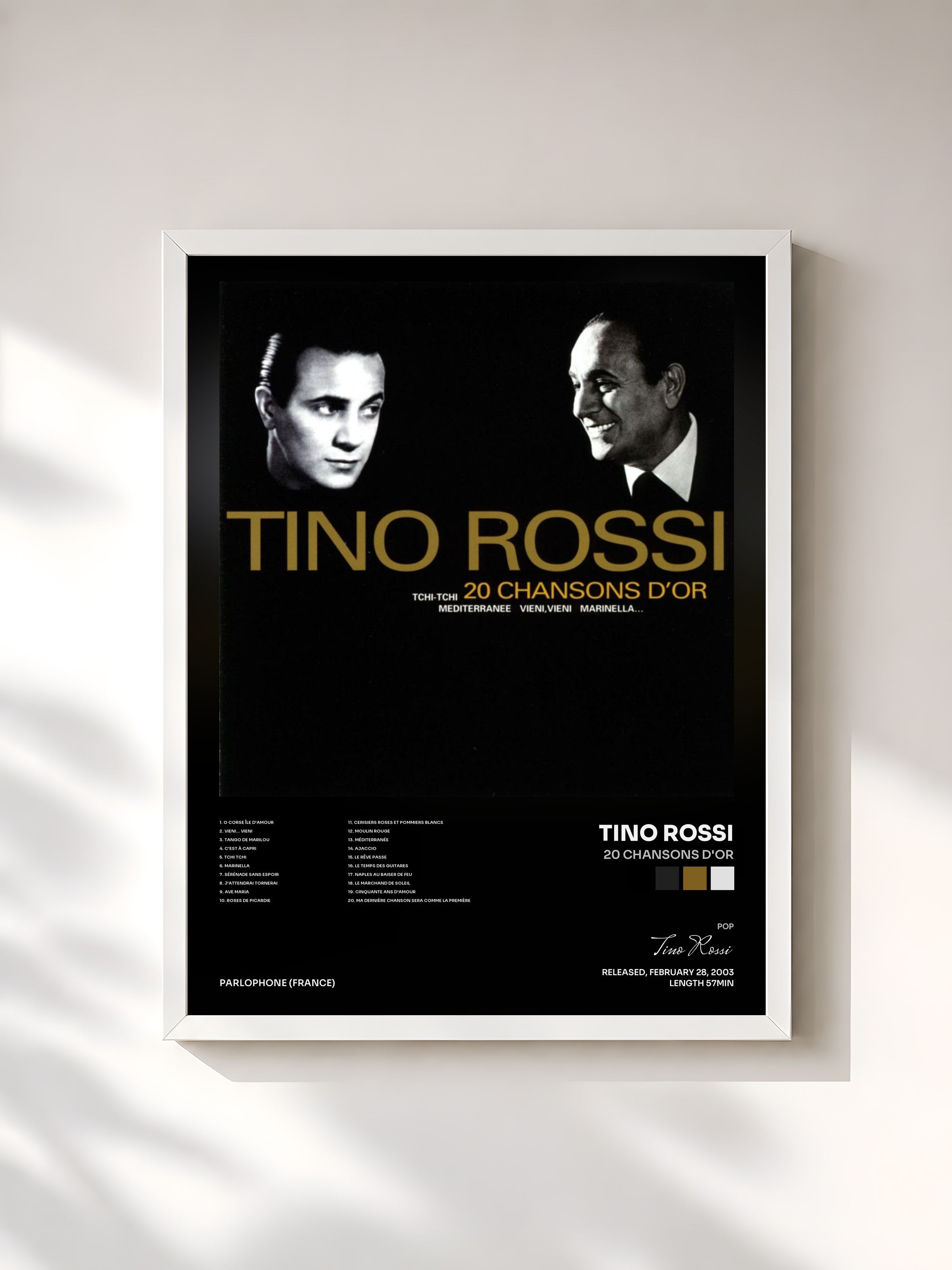#blanc Tableau de l'album 20 chansons d'or de Tino Rossi, cadre blanc, imprimé et encadré en France