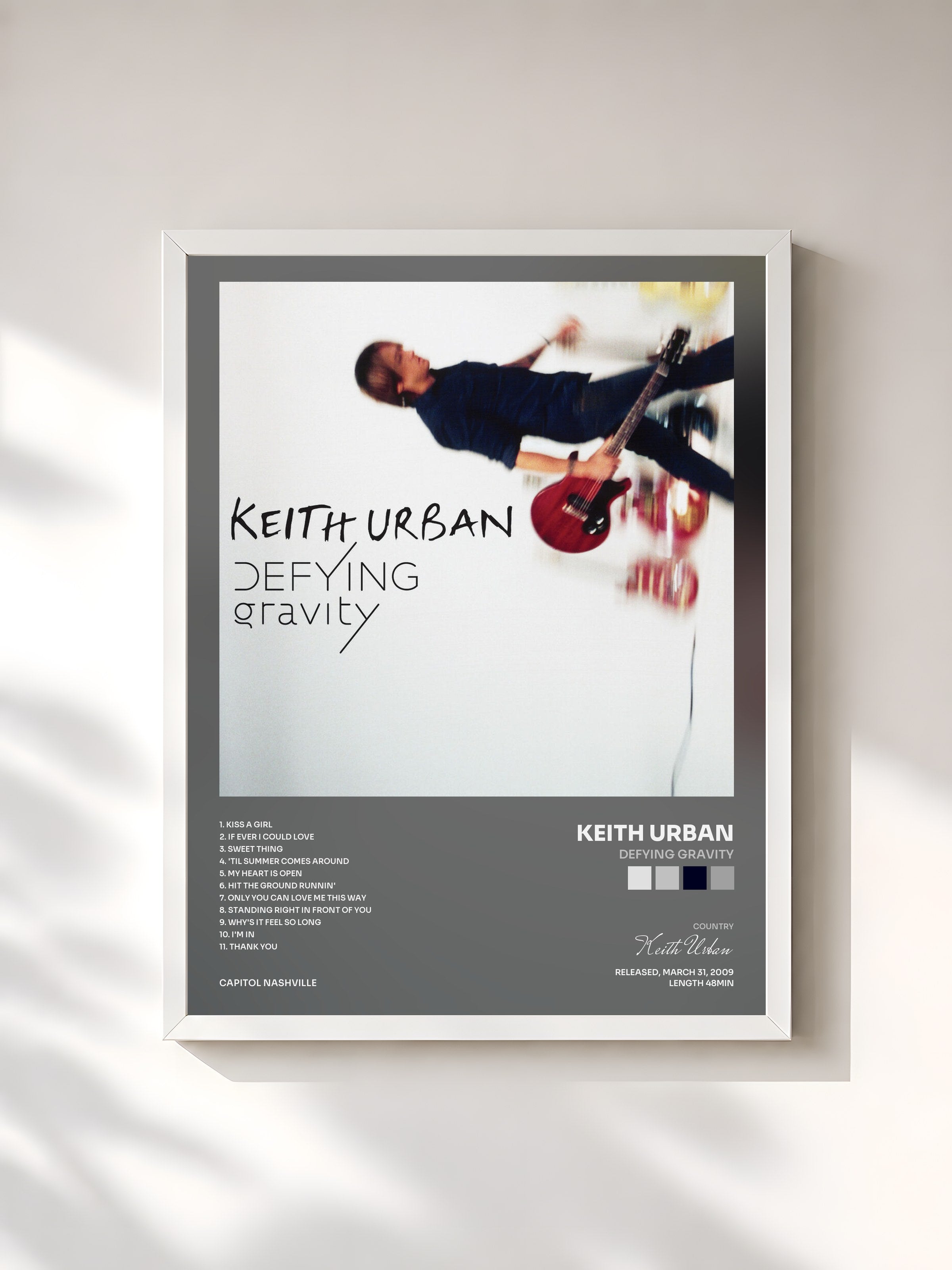 #blanc Tableau de l'album Defying Gravity de Keith Urban, cadre blanc, imprimé et encadré en France