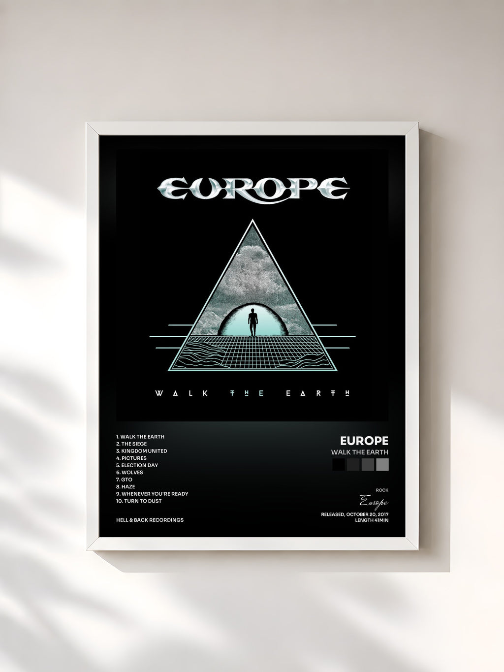 #blanc Tableau de l'album Walk The Earth de Europe, cadre blanc, imprimé et encadré en France