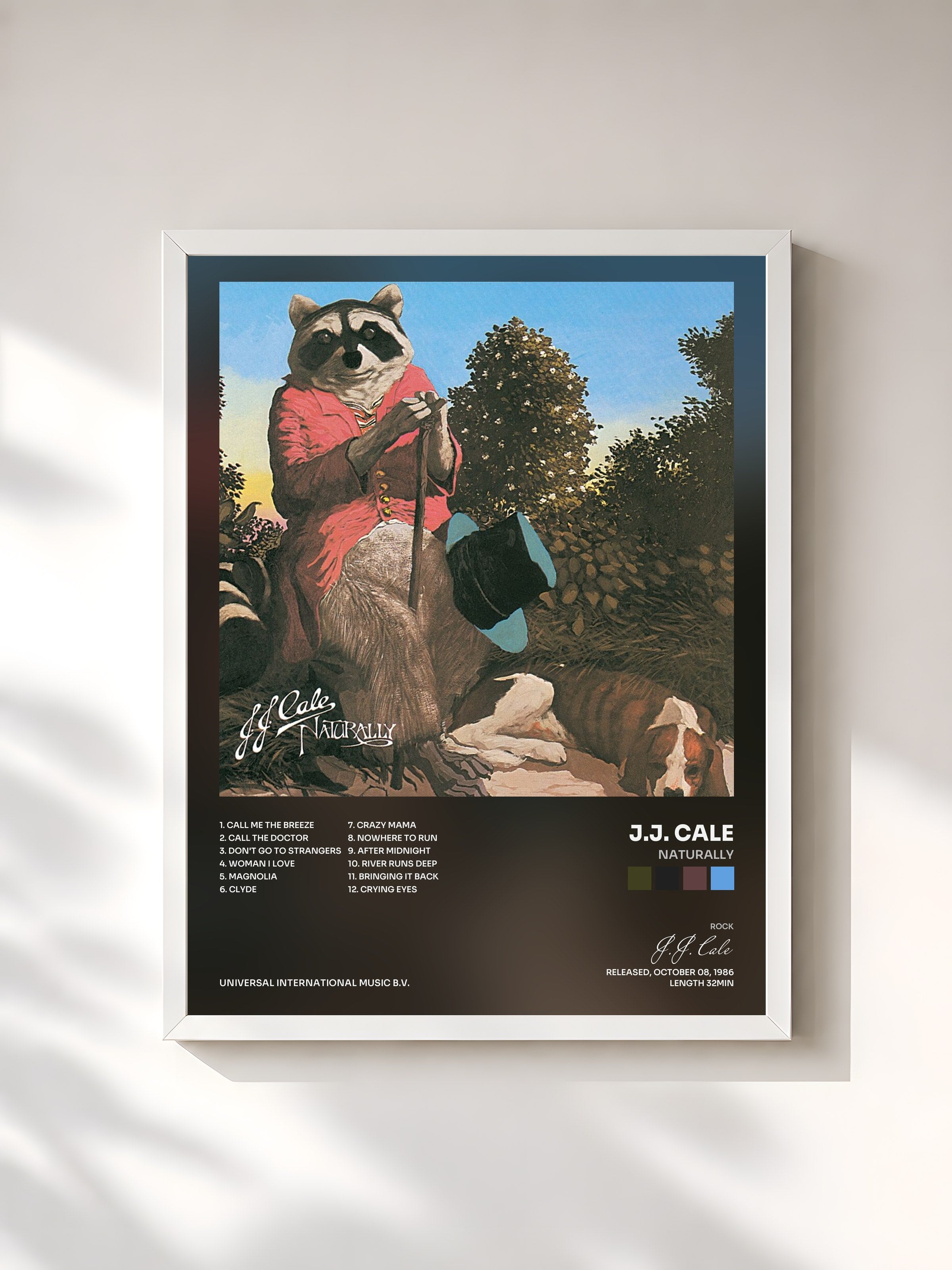 #blanc Tableau de l'album Naturally de J.J. Cale, cadre blanc, imprimé et encadré en France