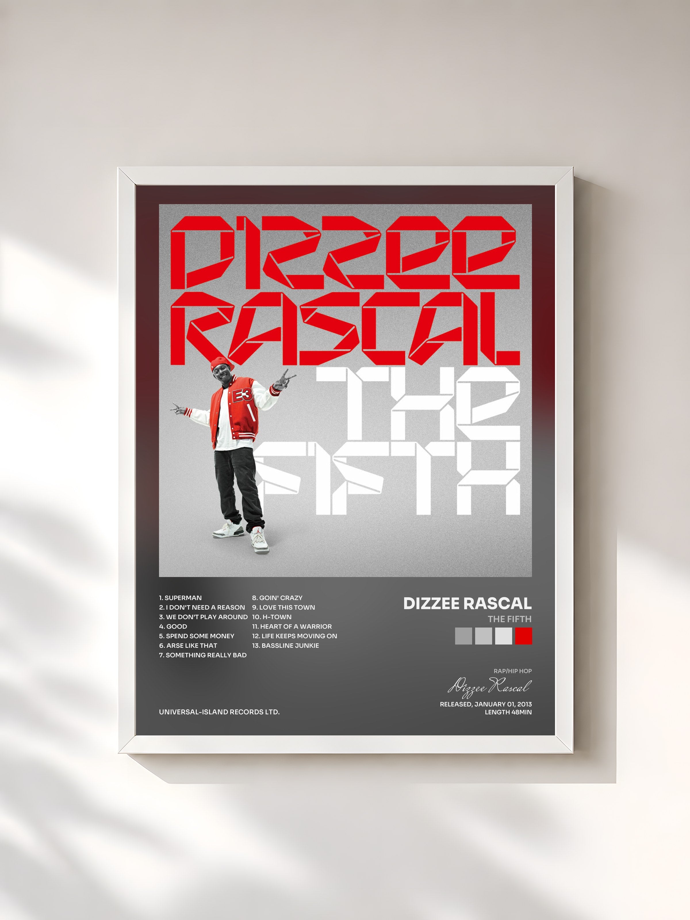#blanc Tableau de l'album The Fifth de Dizzee Rascal, cadre blanc, imprimé et encadré en France