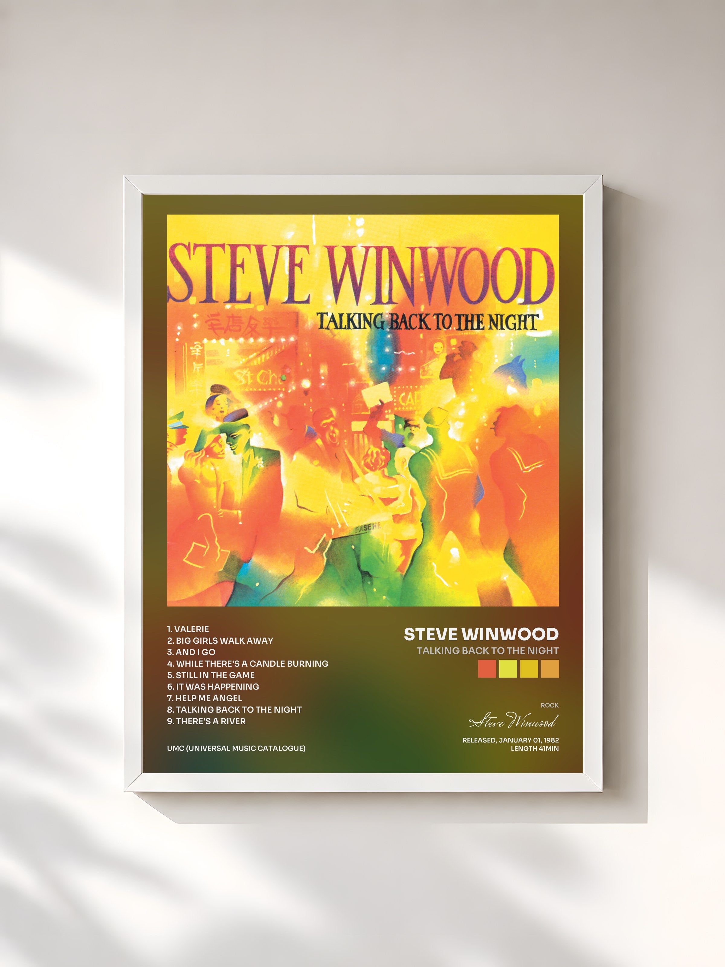 #blanc Tableau de l'album Talking Back To The Night de Steve Winwood, cadre blanc, imprimé et encadré en France