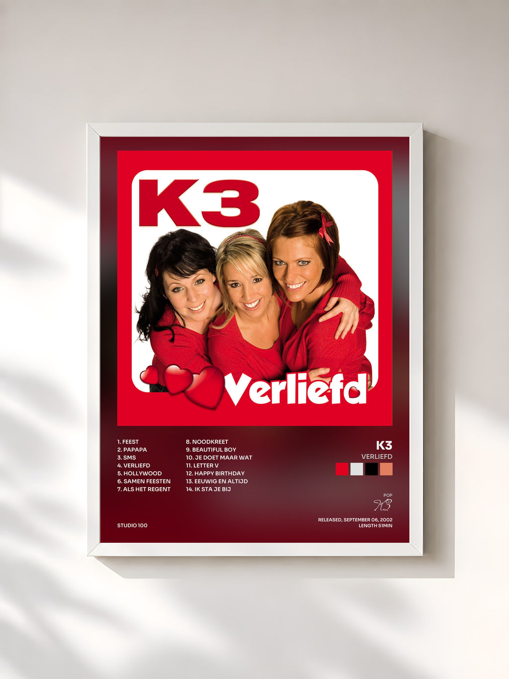 #blanc Tableau de l'album Verliefd de K3, cadre blanc, imprimé et encadré en France