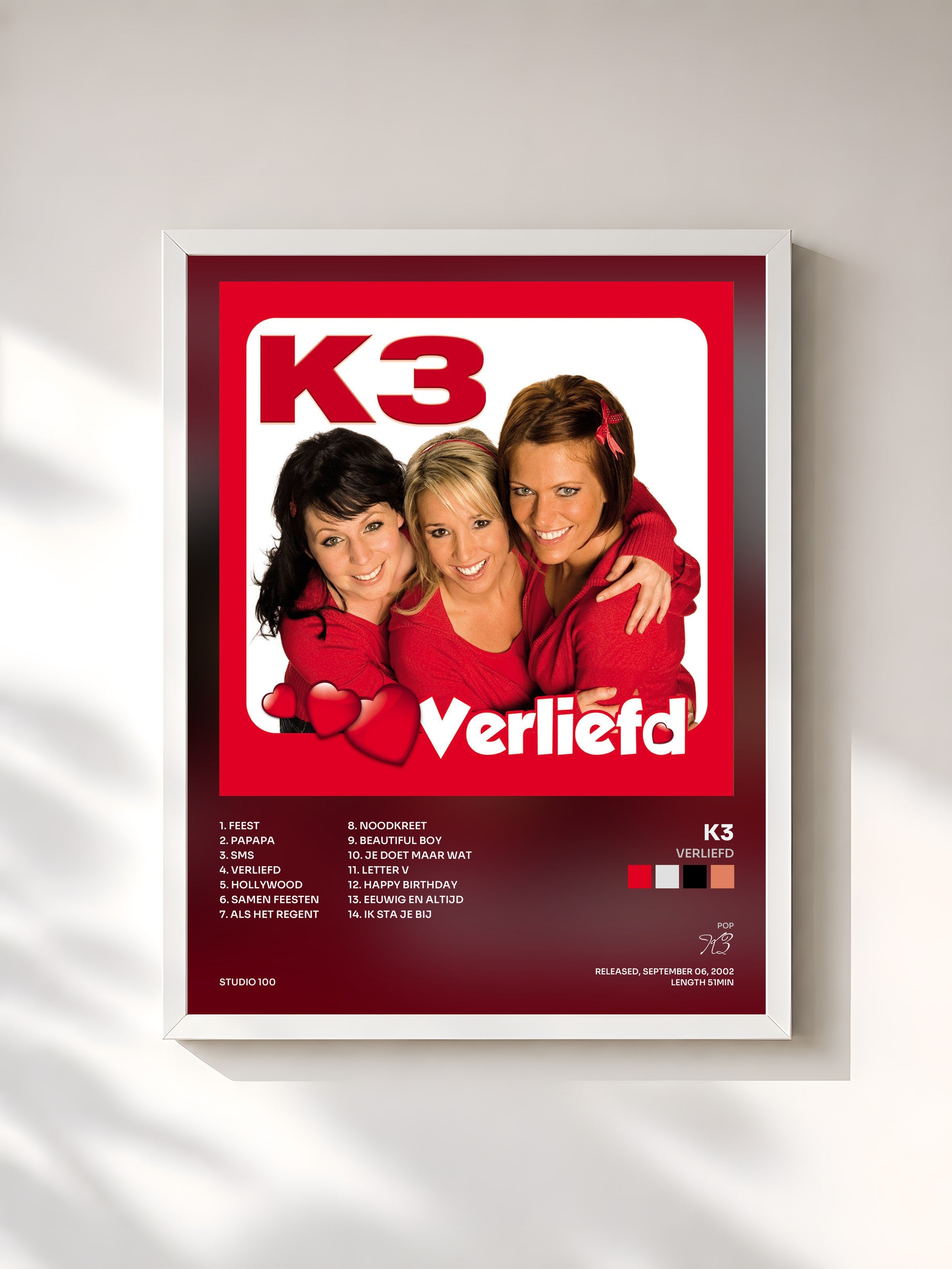 #blanc Tableau de l'album Verliefd de K3, cadre blanc, imprimé et encadré en France